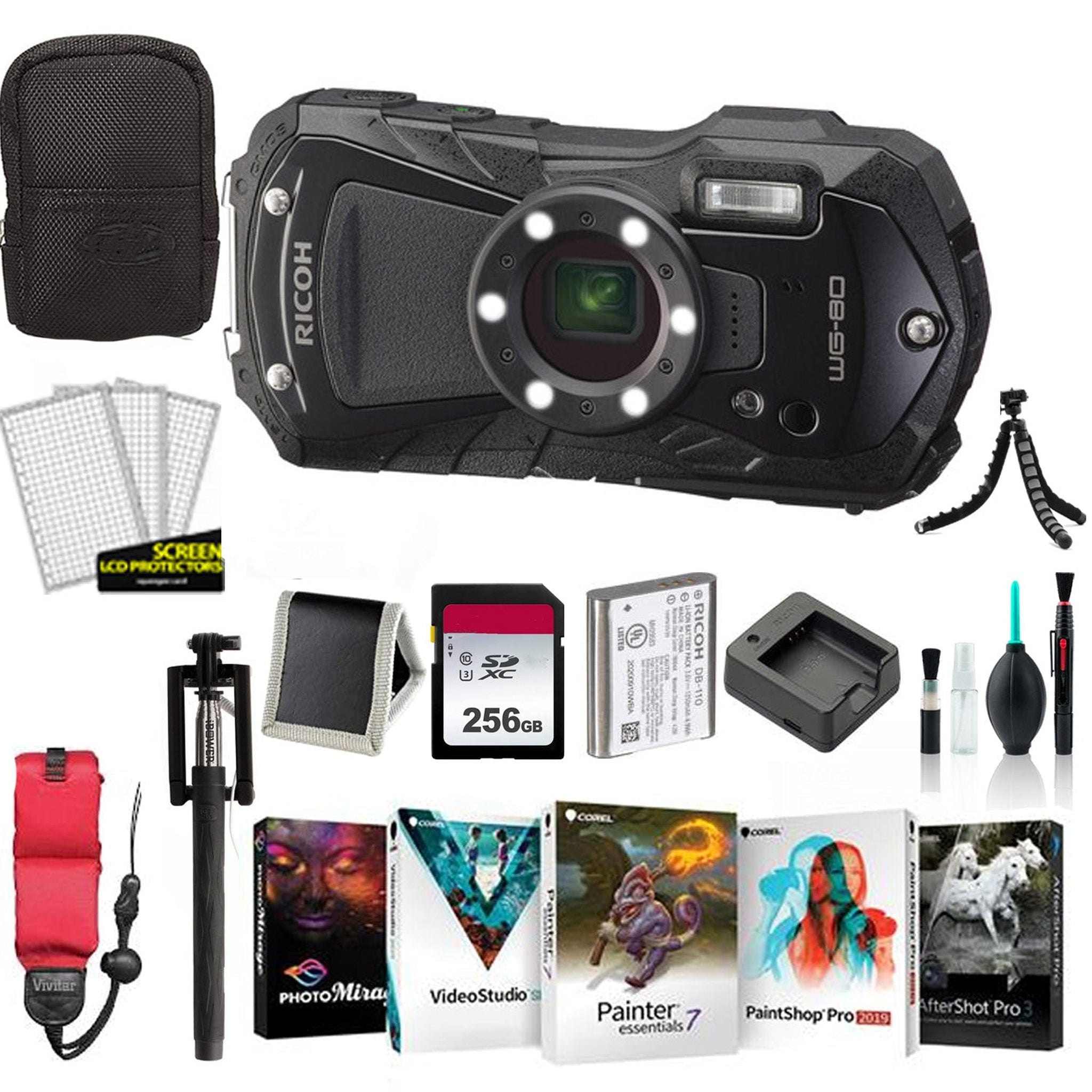 Ricoh WG-80 Waterproof Digital Camera Black with 256GB Memory Card International Model Ricoh