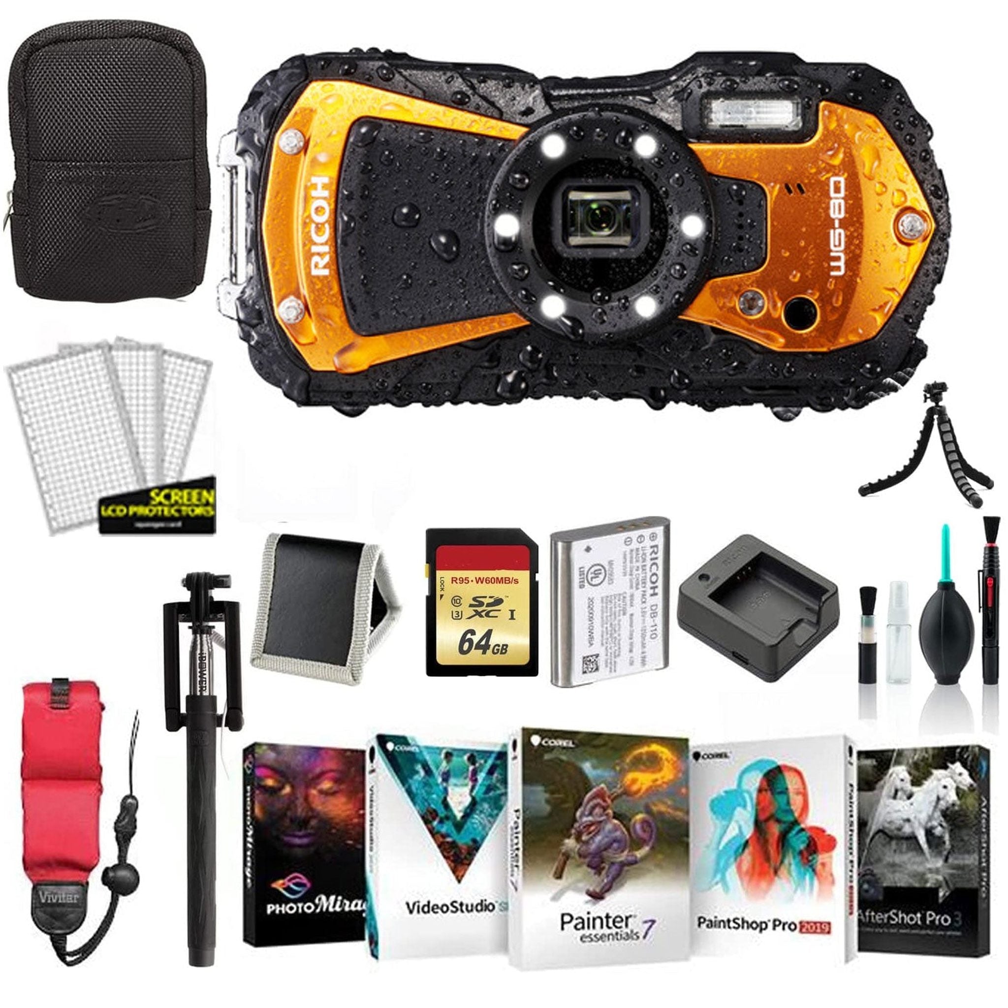 Ricoh WG-80 Waterproof Digital Camera Orange with Tripod International Model Ricoh
