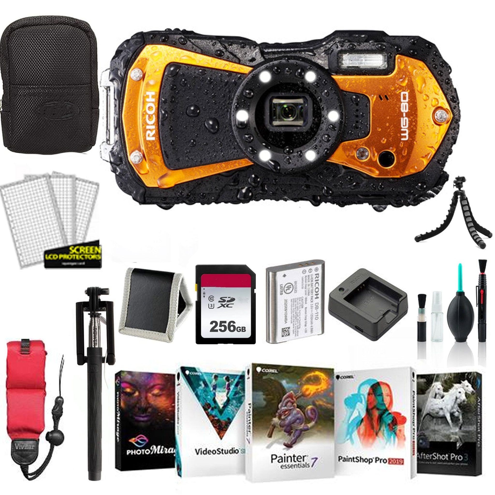 Ricoh WG-80 Waterproof Digital Camera Orange with 256GB Memory Card International Model Ricoh