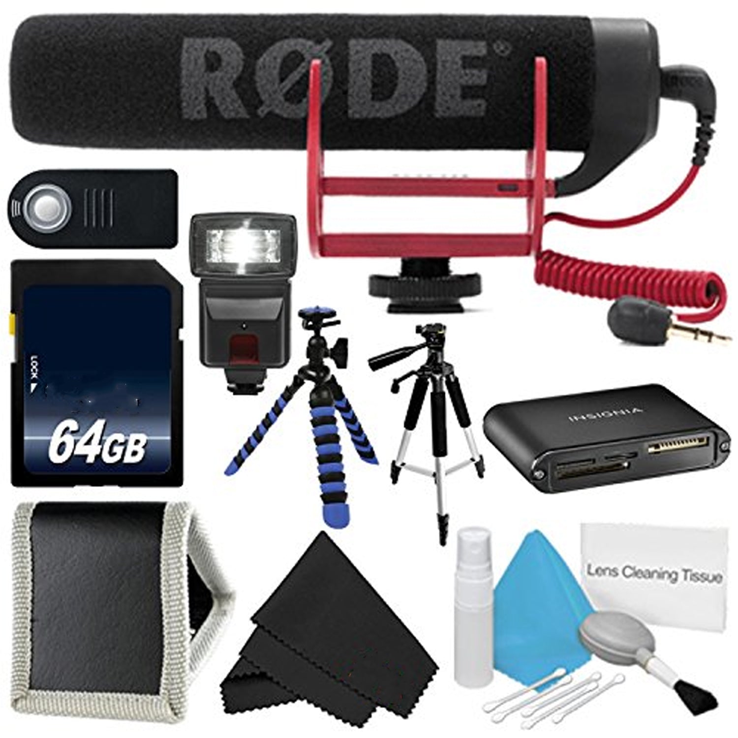 Rode VideoMic GO VIDEOMIC-GO + 64GB Memory Card + Flexible Tripod with Gripping Rubber Legs + Full Size Tripod + Deluxe Cleaning Kit - Bundle