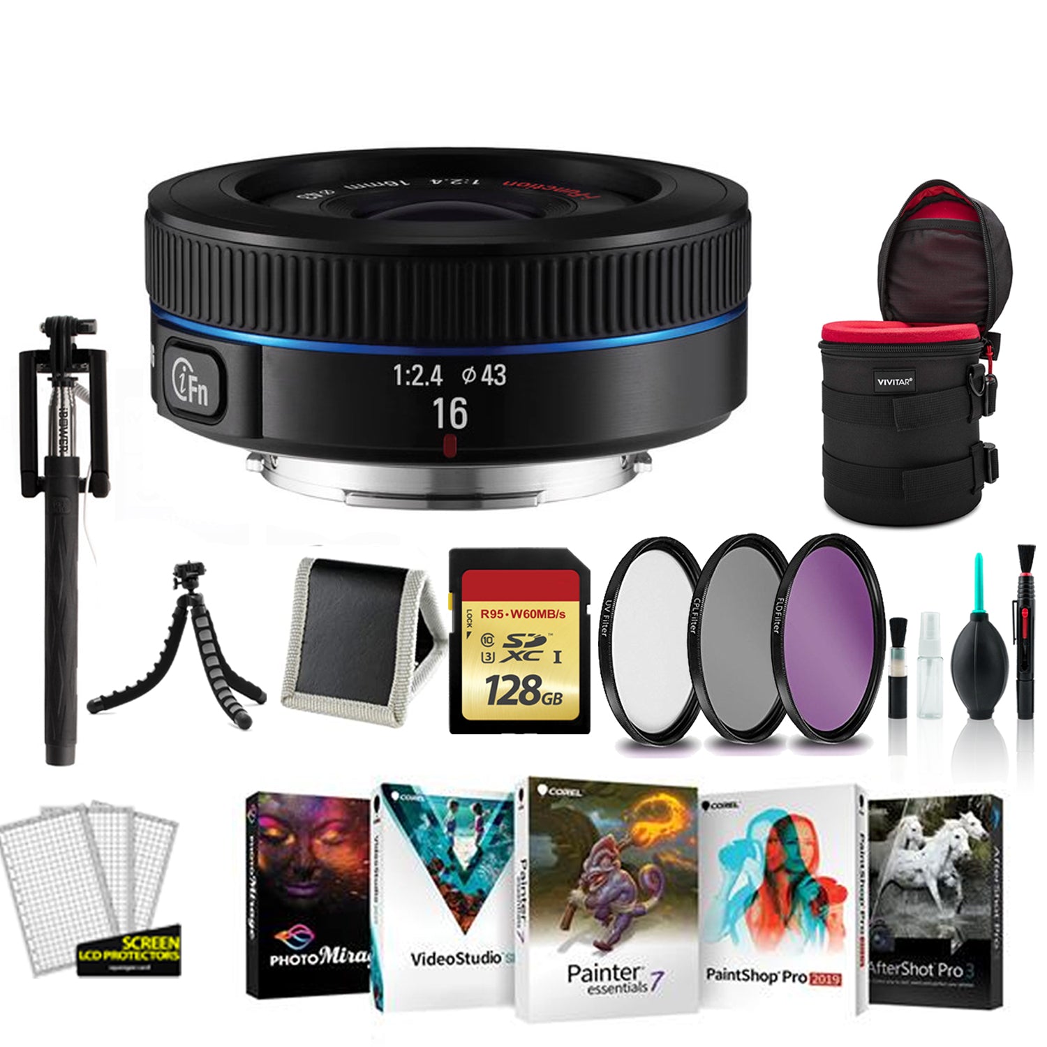Samsung 16mm F/2.4 Wide Lens for Samsung NX Camera - Kit with 128GB Memory Card