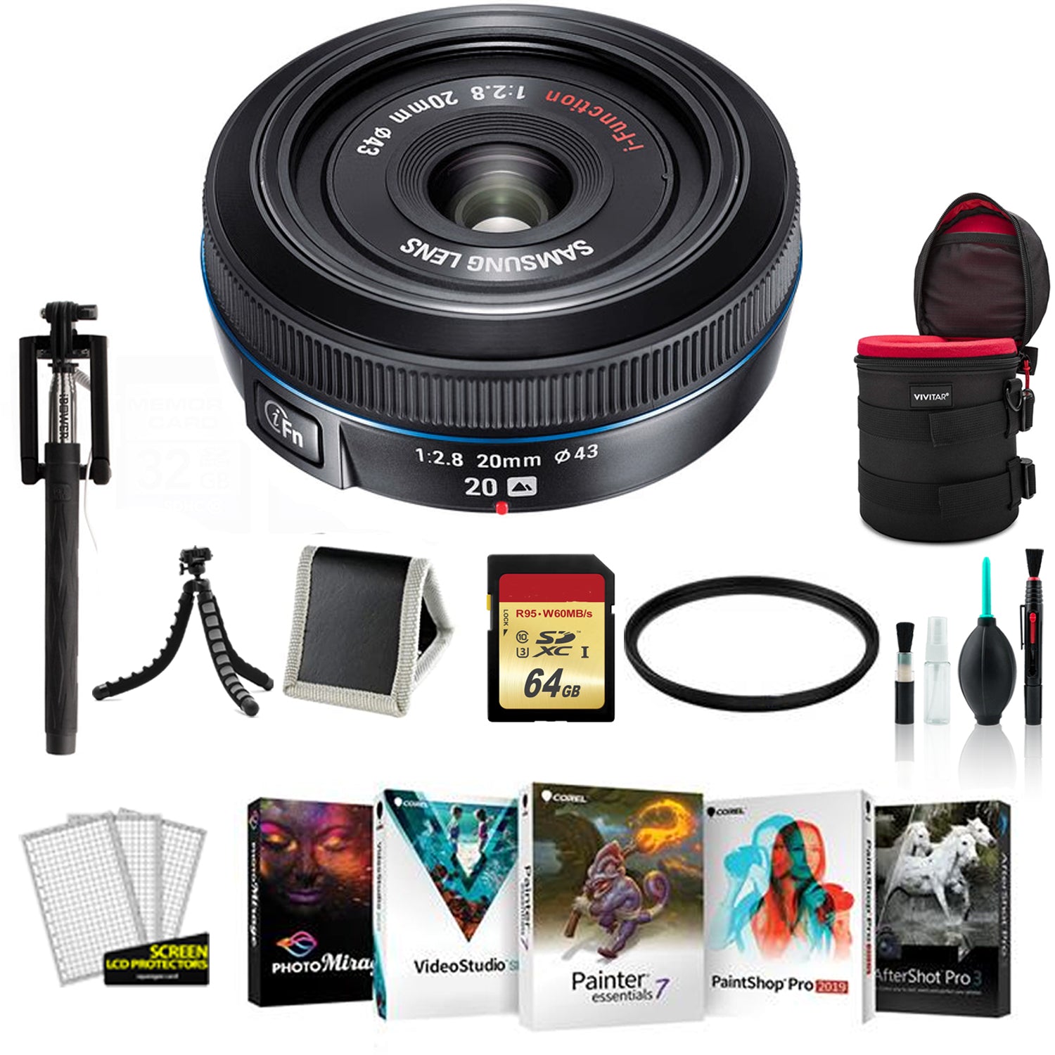 SAMSUNG 20MM F.8 PANCAKE LENS F/ NX Black - Kit with 64GB Memory Card