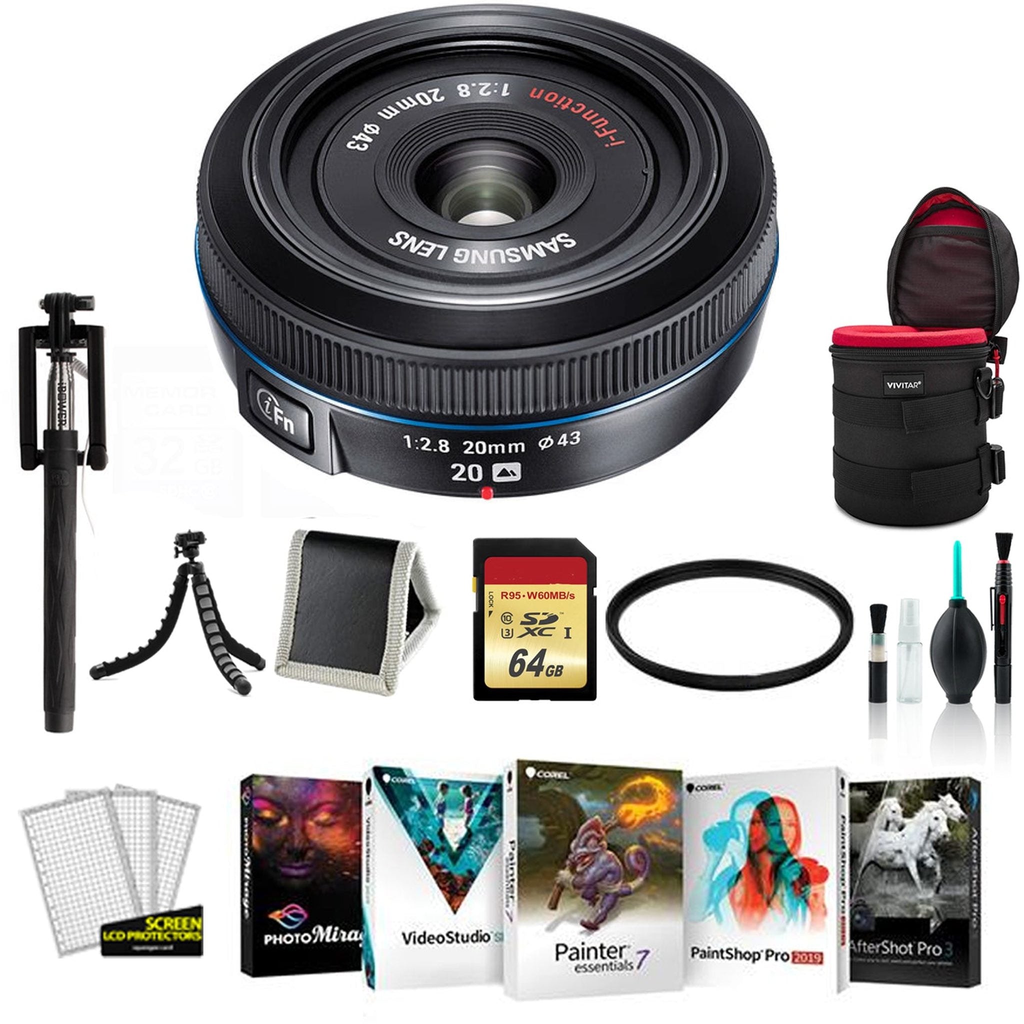 SAMSUNG 20MM F.8 PANCAKE LENS F/ NX Black - Kit with 64GB Memory Card