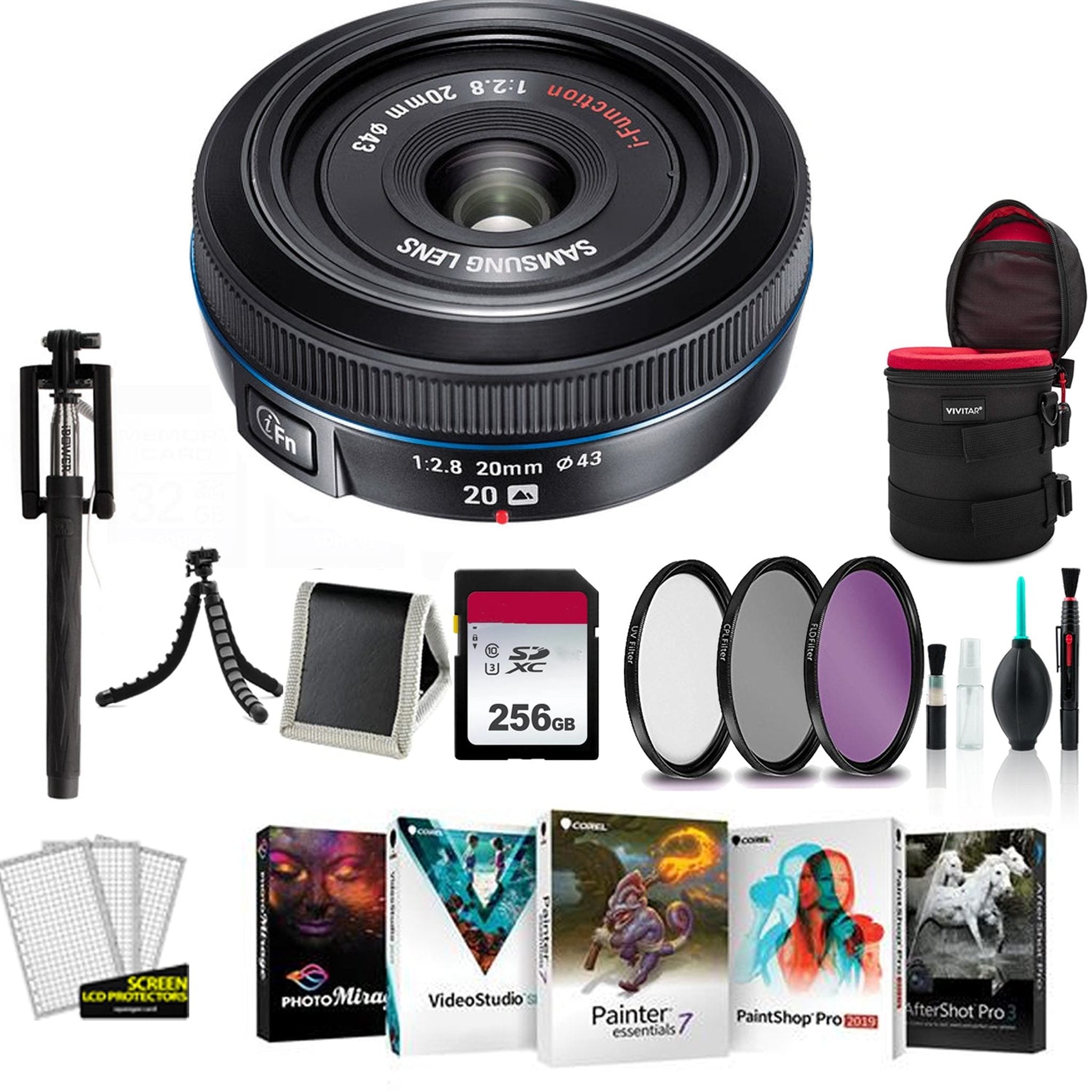 SAMSUNG 20MM F.8 PANCAKE LENS F/ NX Black - Kit with 256GB Memory Card