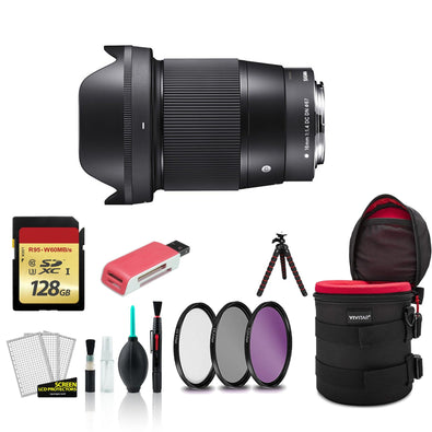 Sigma 16mm Contemporary Lens for Canon f/1.4 DC DN for Canon EF-M with 128GB Memory Card + Padded Case Bundle
