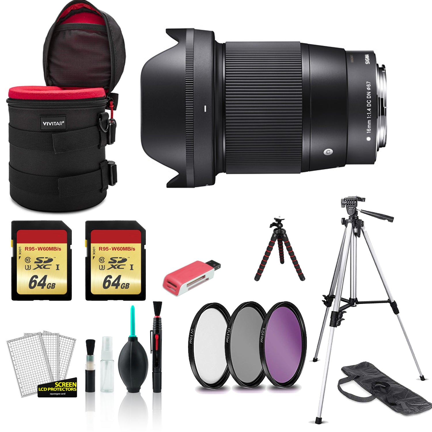 Sigma 16mm Contemporary Lens f/1.4 DC DN for Sony E 402965 with 2x 64GB Memory Card + Tripod Bundle