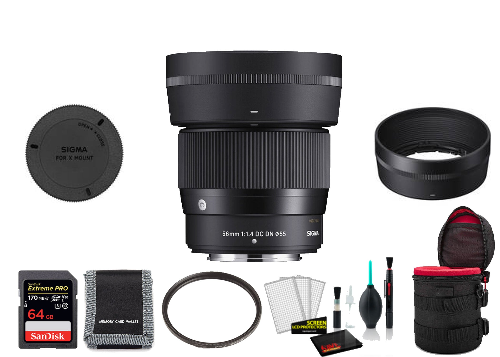 Sigma 56mm f/1.4 DC DN Contemporary Lens for FUJIFILM X - with 64GB Memory Card and More