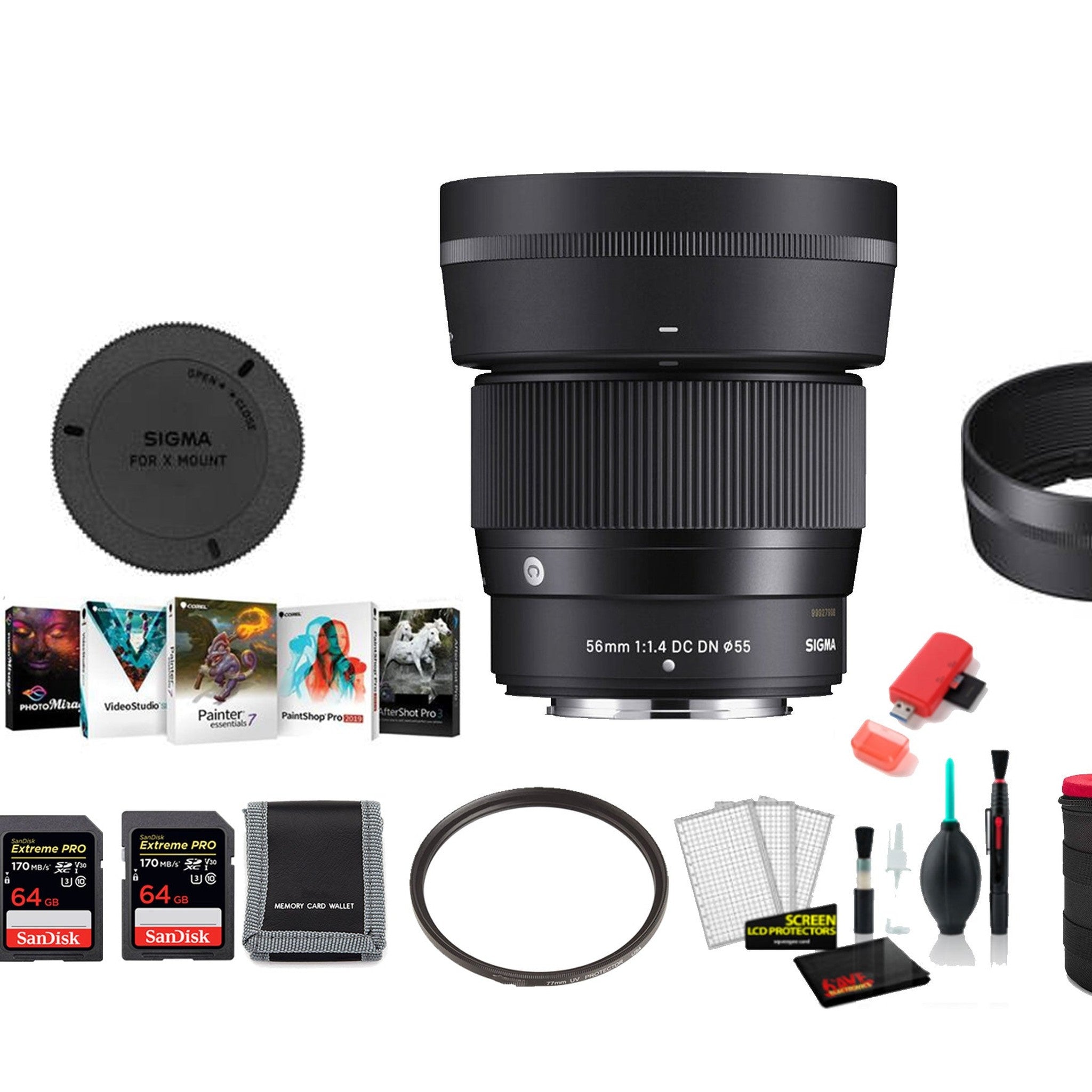 Sigma 56mm f/1.4 DC DN Contemporary Lens for FUJIFILM X - with 2X 64GB Memory Card, Editing Software and More SIGMA