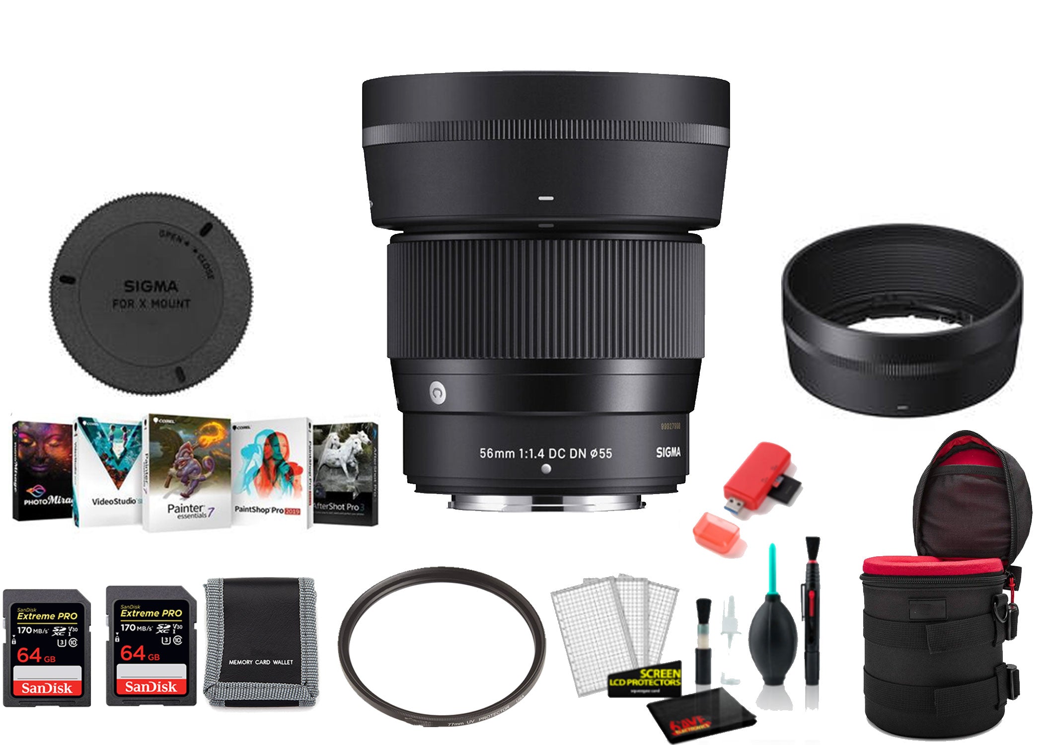 Sigma 56mm f/1.4 DC DN Contemporary Lens for FUJIFILM X - with 2X 64GB Memory Card, Editing Software and More