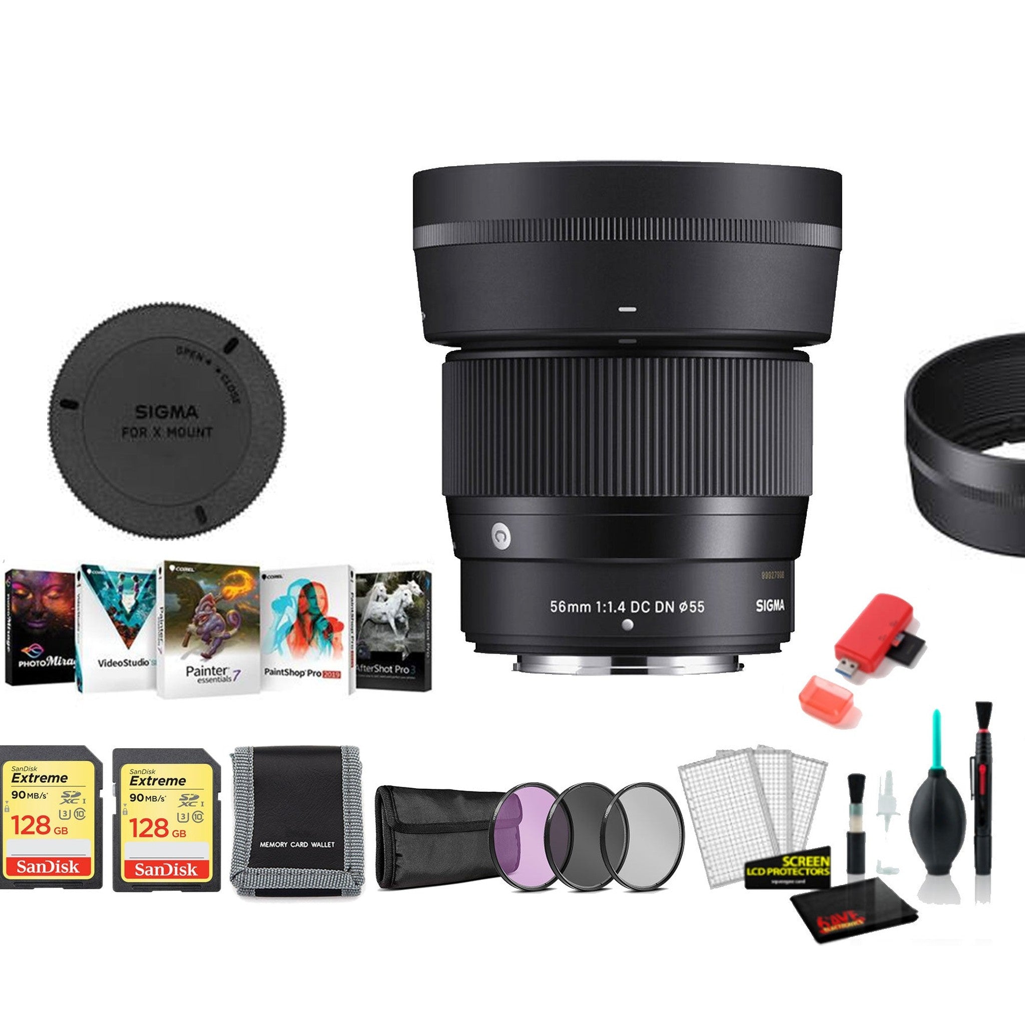Sigma 56mm f/1.4 DC DN Contemporary Lens for FUJIFILM X - with 2X 128G Memory Card, Editing Software and More SIGMA