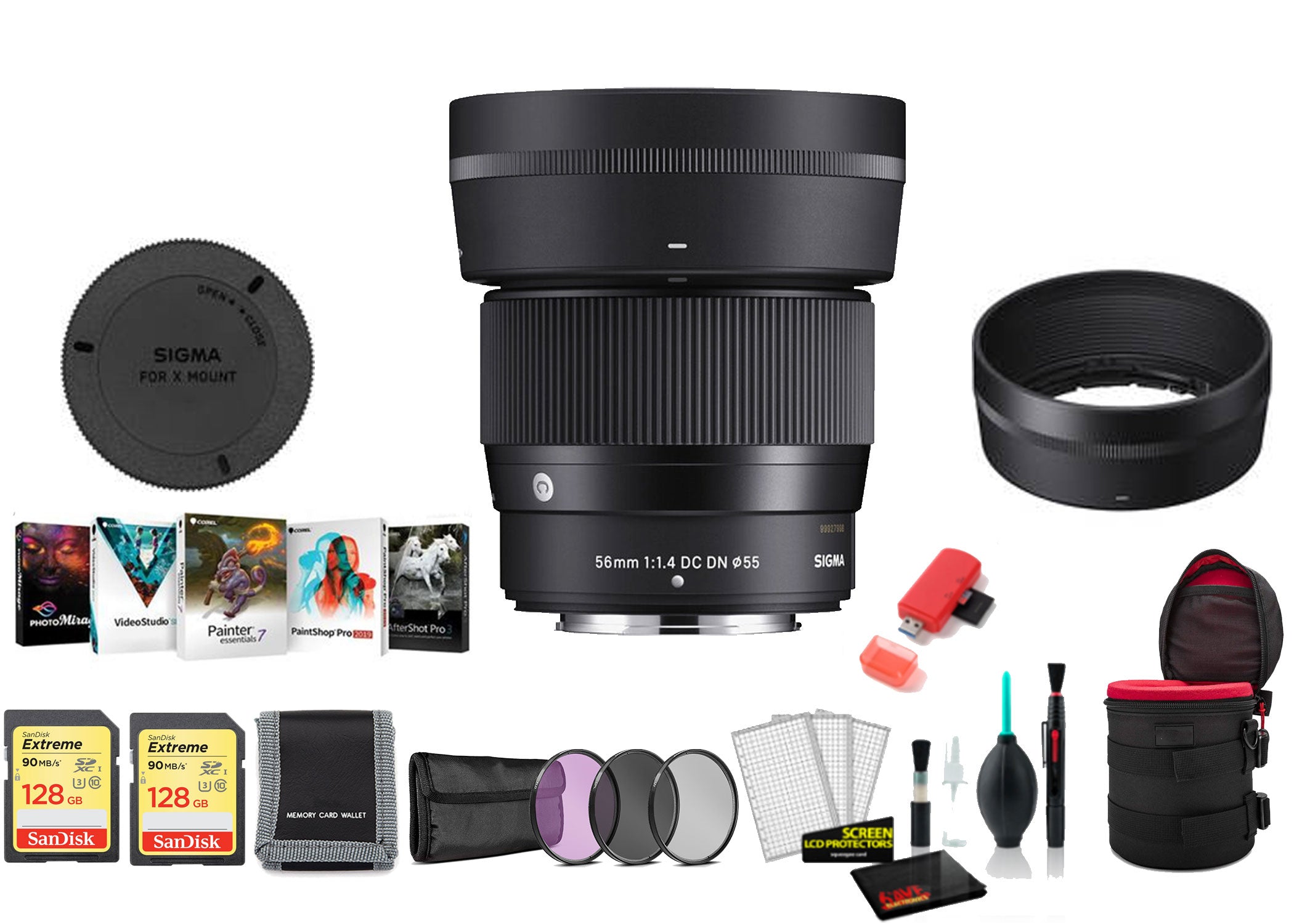 Sigma 56mm f/1.4 DC DN Contemporary Lens for FUJIFILM X - with 2X 128G Memory Card, Editing Software and More