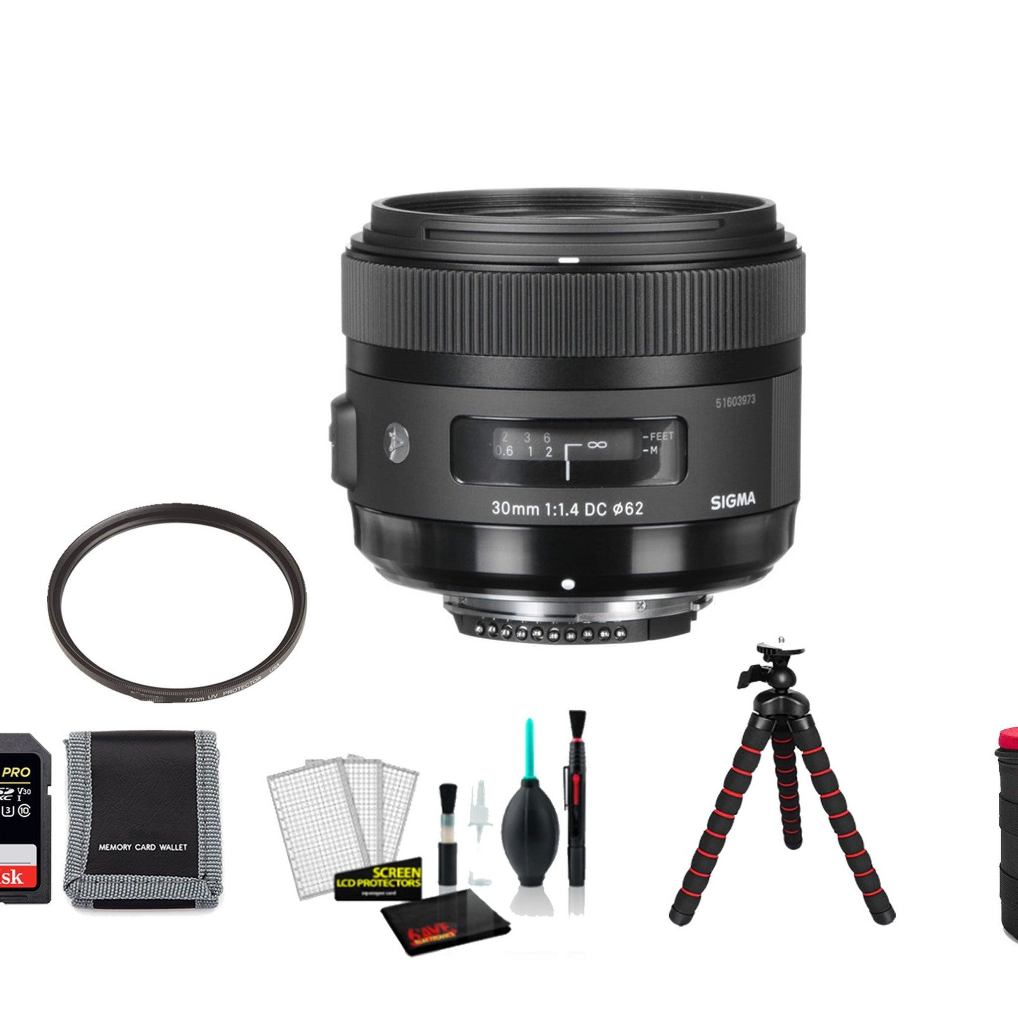 Sigma 30mm f/1.4 DC HSM Art Lens for Nikon F with 64GB Memory Card and UV Filter SIGMA