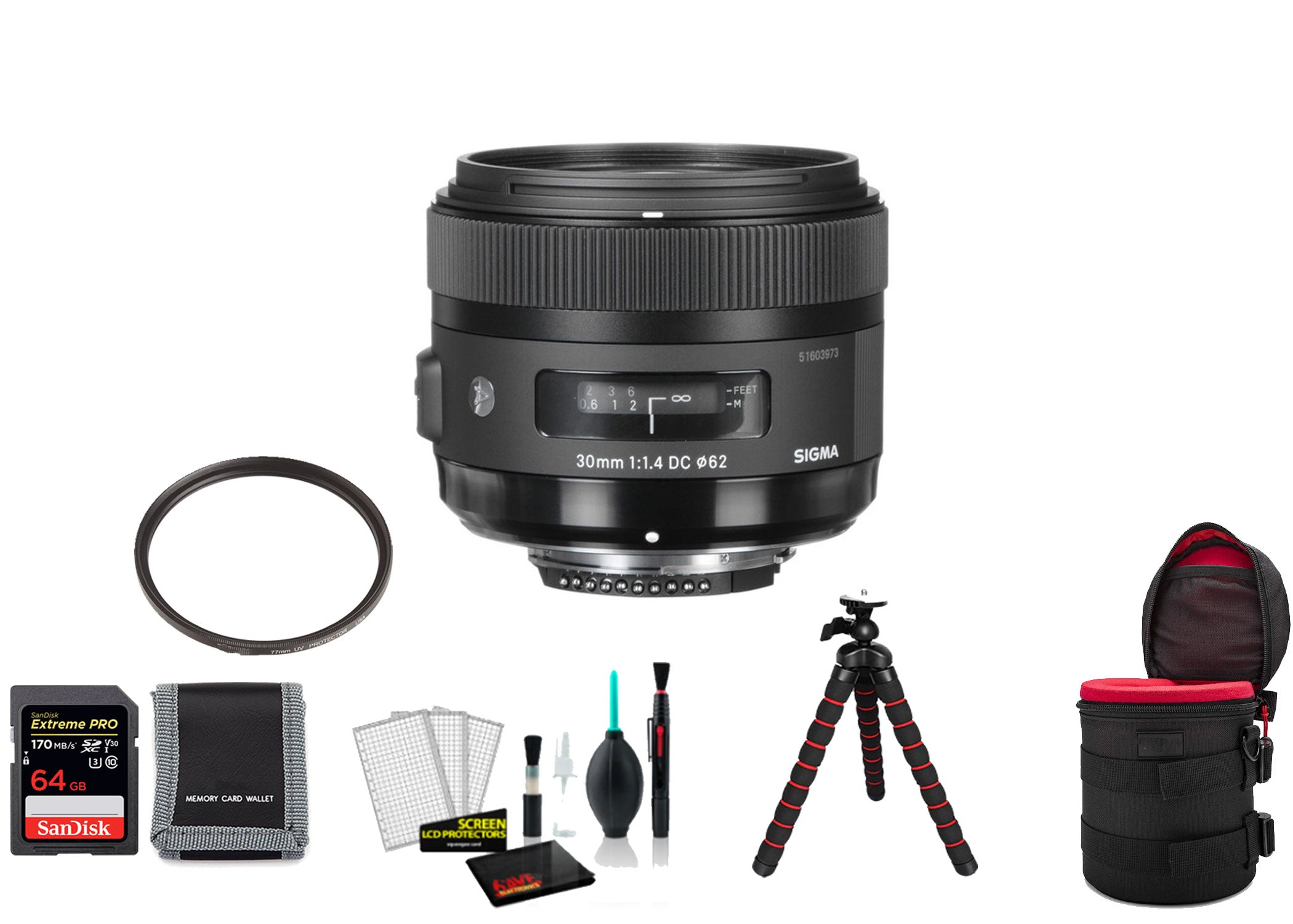 Sigma 30mm f/1.4 DC HSM Art Lens for Nikon F with 64GB Memory Card and UV Filter