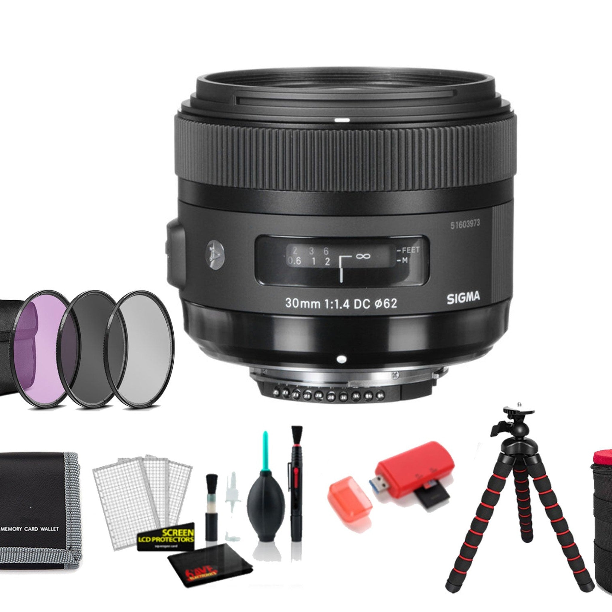 Sigma 30mm f/1.4 DC HSM Art Lens for Nikon F with 128GB Memory Card and Filter Kit SIGMA