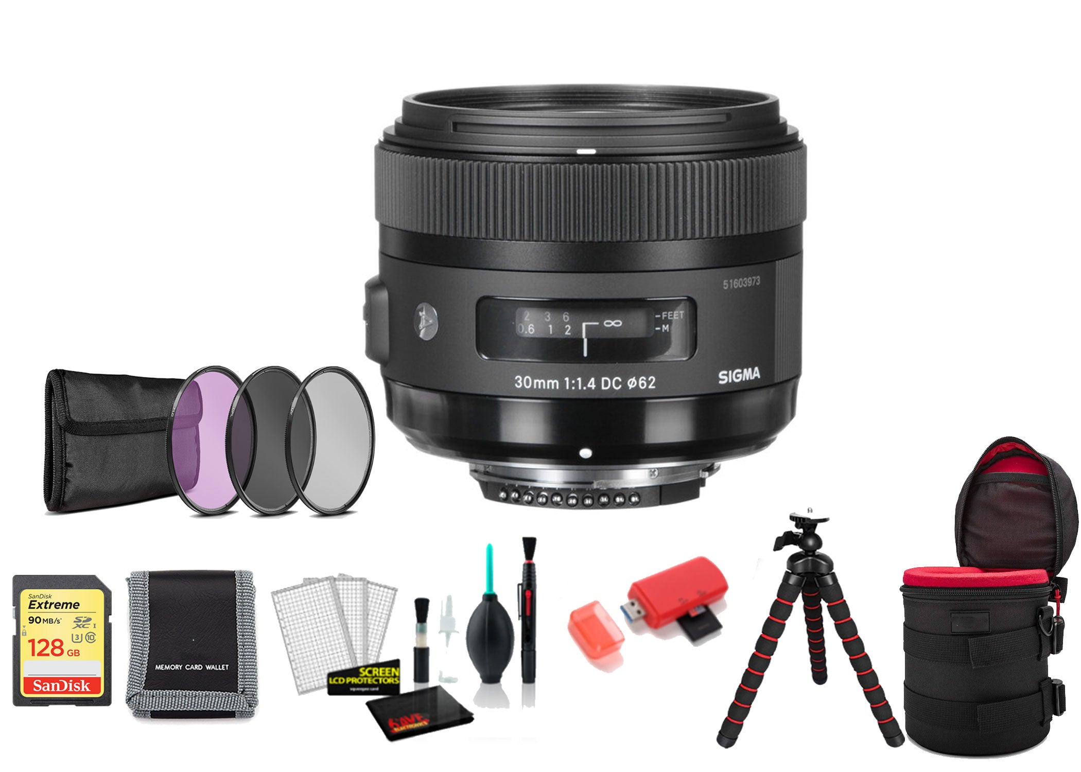 Sigma 30mm f/1.4 DC HSM Art Lens for Nikon F with 128GB Memory Card and Filter Kit