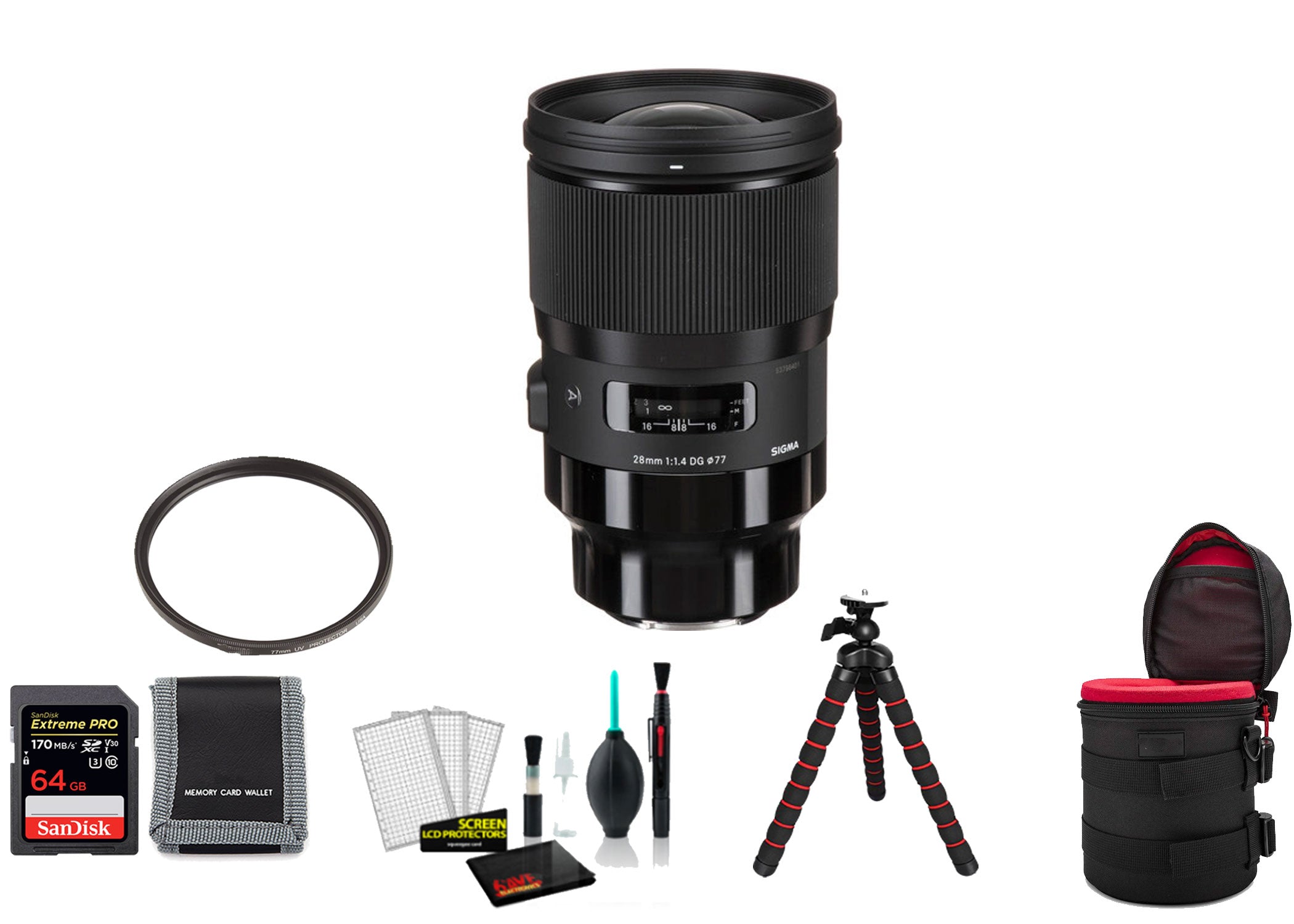 Sigma 28mm f/1.4 DG HSM Art Lens Sony E with 64GB Memory Card and UV Filter