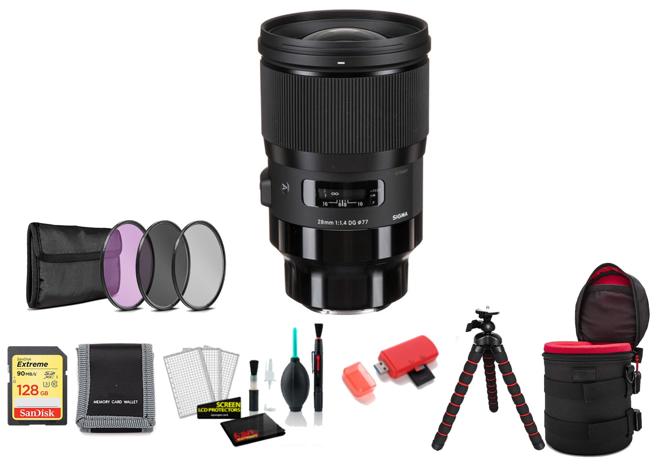 Sigma 28mm f/1.4 DG HSM Art Lens Sony E with 128GB Memory Card and Filter Kit
