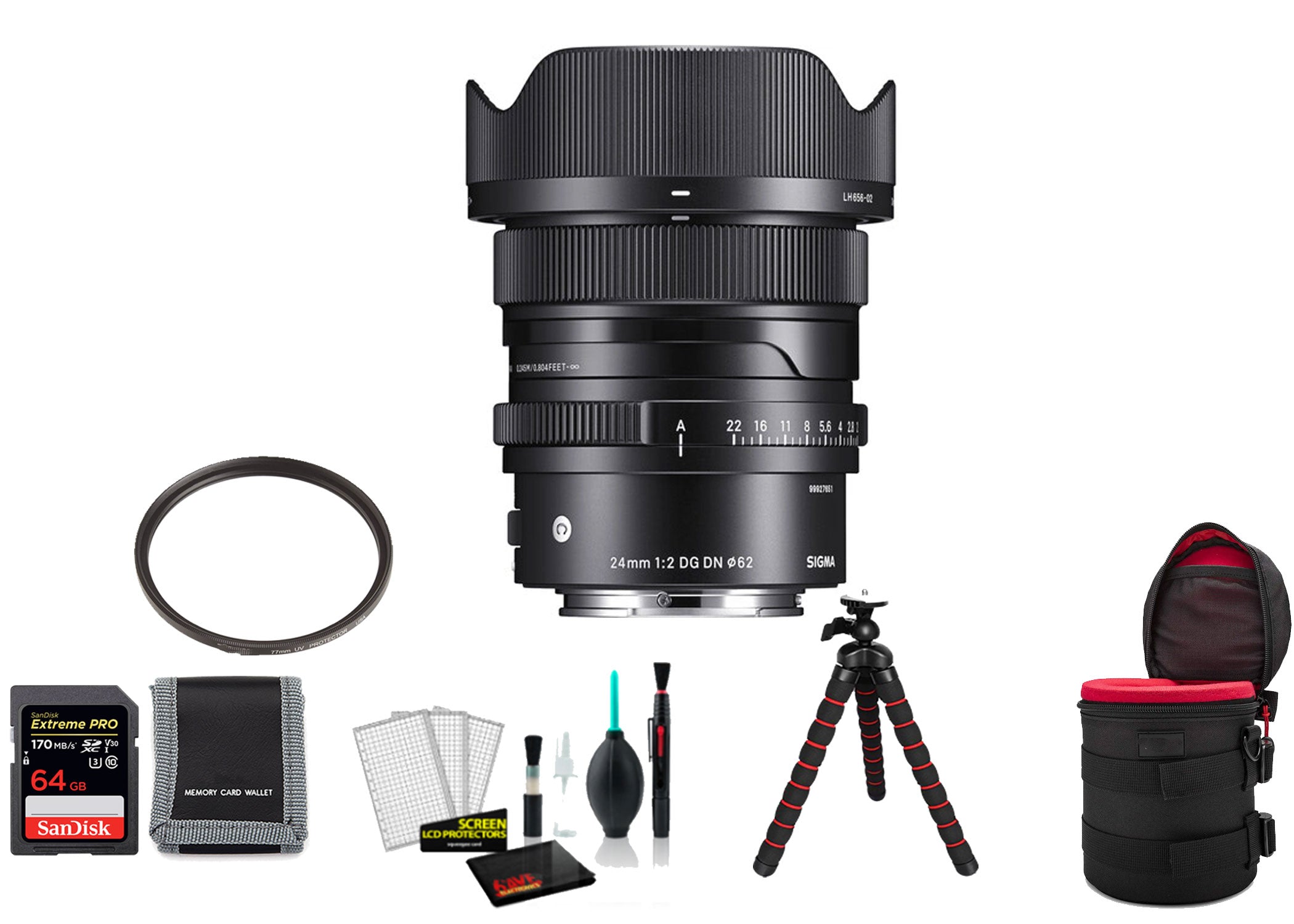 Sigma 24mm f/2 DG DN Contemporary Lens for Sony E with 64GB Memory Card and UV Filter