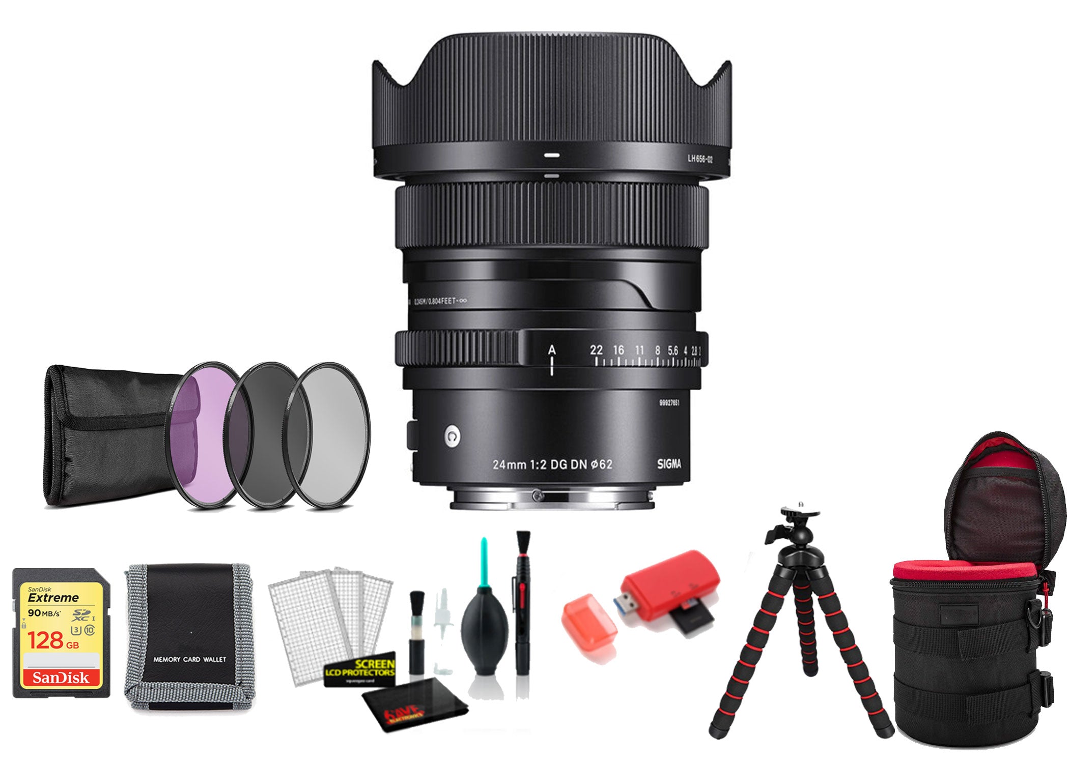 Sigma 24mm f/2 DG DN Contemporary Lens for Sony E with 128GB Memory Card and Filter Kit