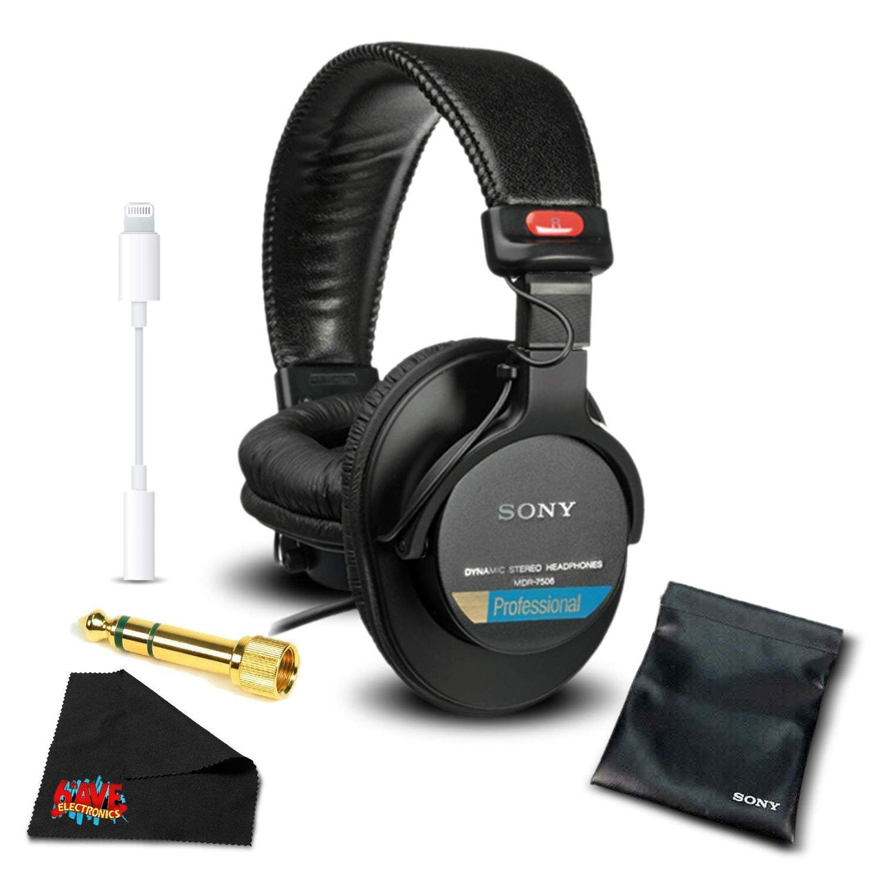 Sony MDR-7506 Headphones Professional Headphones Bundle 1 Year Extended Warranty + Apple Lightning to 3.5mm Headphone Jack Adapter