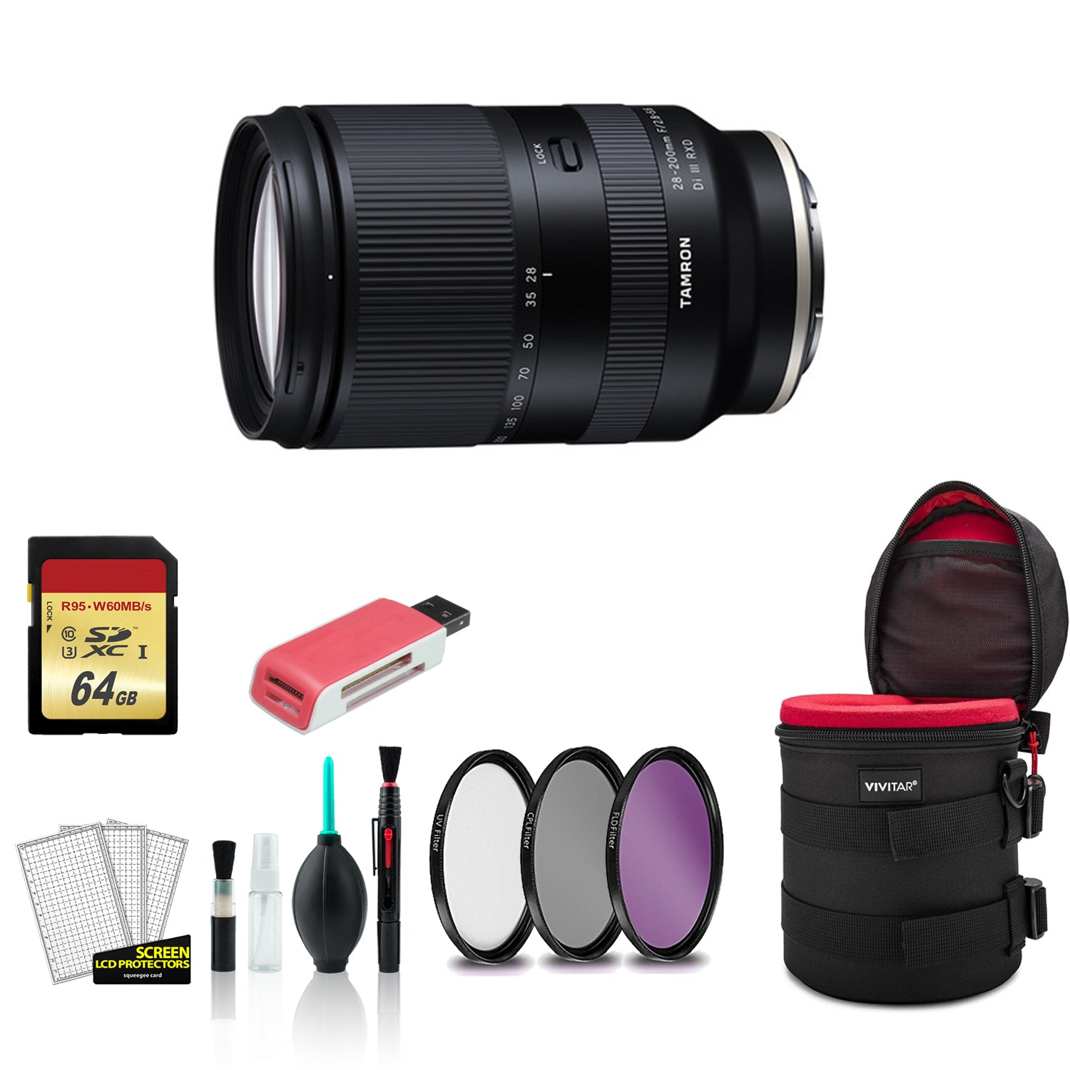 Tamron 28-200mm for Sony E f/2.8-5.6 Di III RXD Lens with Filter Kit + 64GB Memory Card (International Model) Bundle
