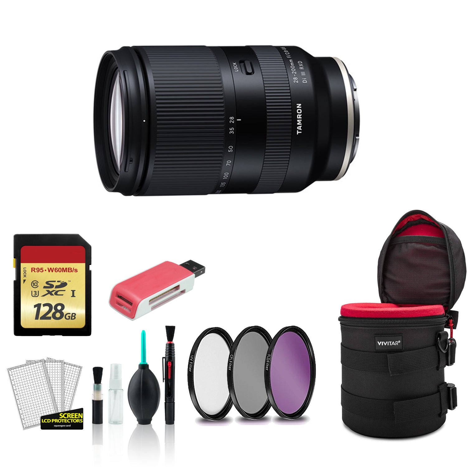 Tamron 28-200mm for Sony E f/2.8-5.6 Di III RXD Lens with 128GB Memory Card + Padded Case (International Model) Bundle