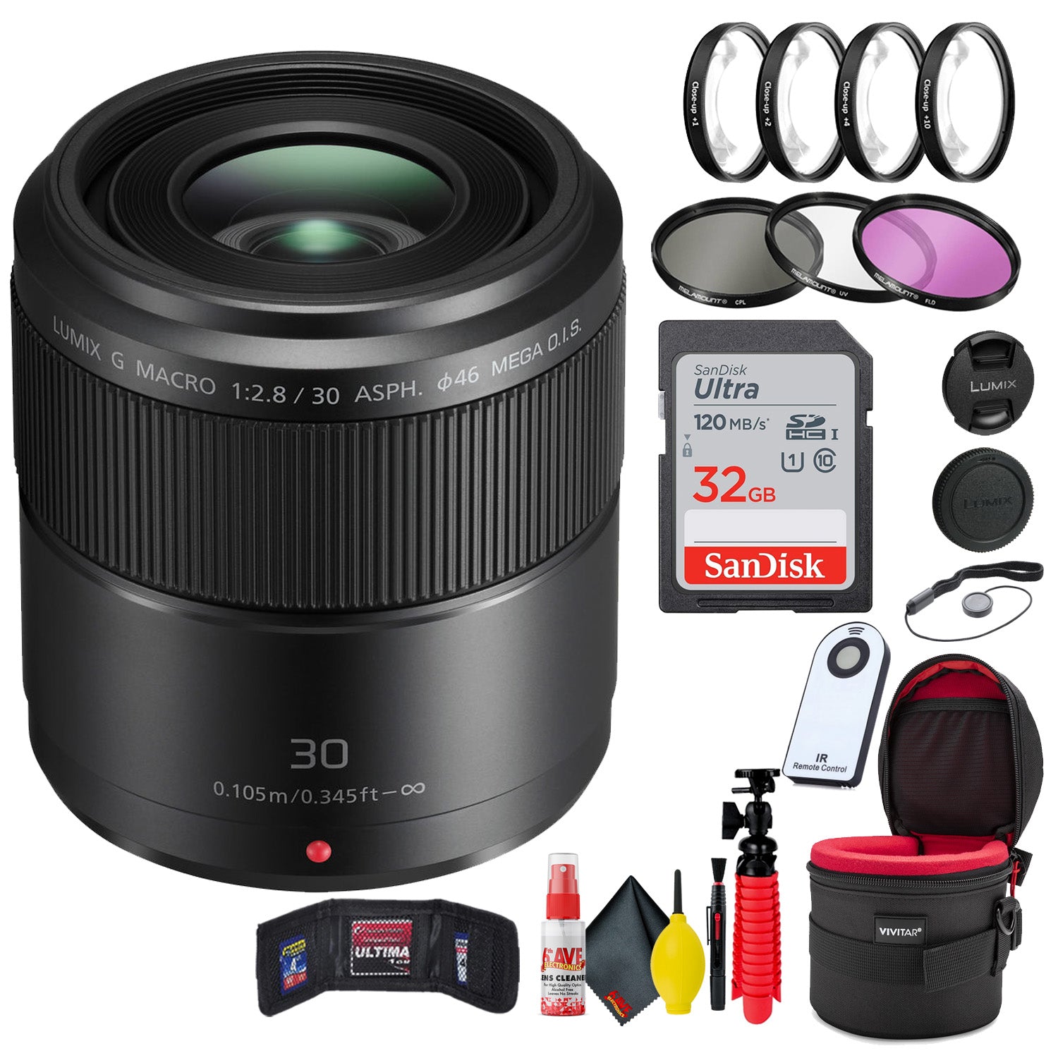 Panasonic Lumix G Macro 30mm f/2.8 ASPH Mega O.I.S Lens + Accessories Base bundle