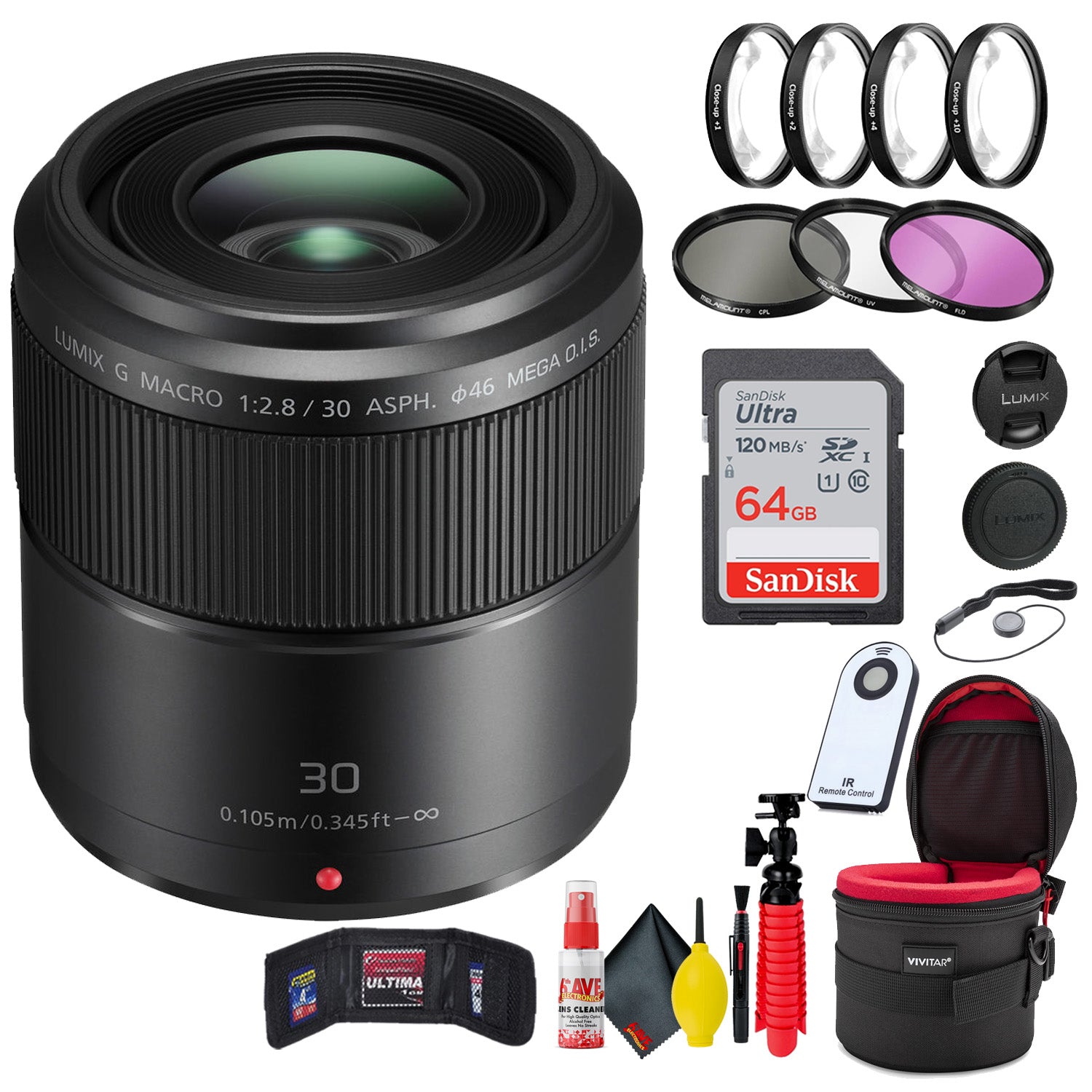 Panasonic Lumix G Macro 30mm f/2.8 ASPH Mega O.I.S Lens + Accessories Starter Bundle