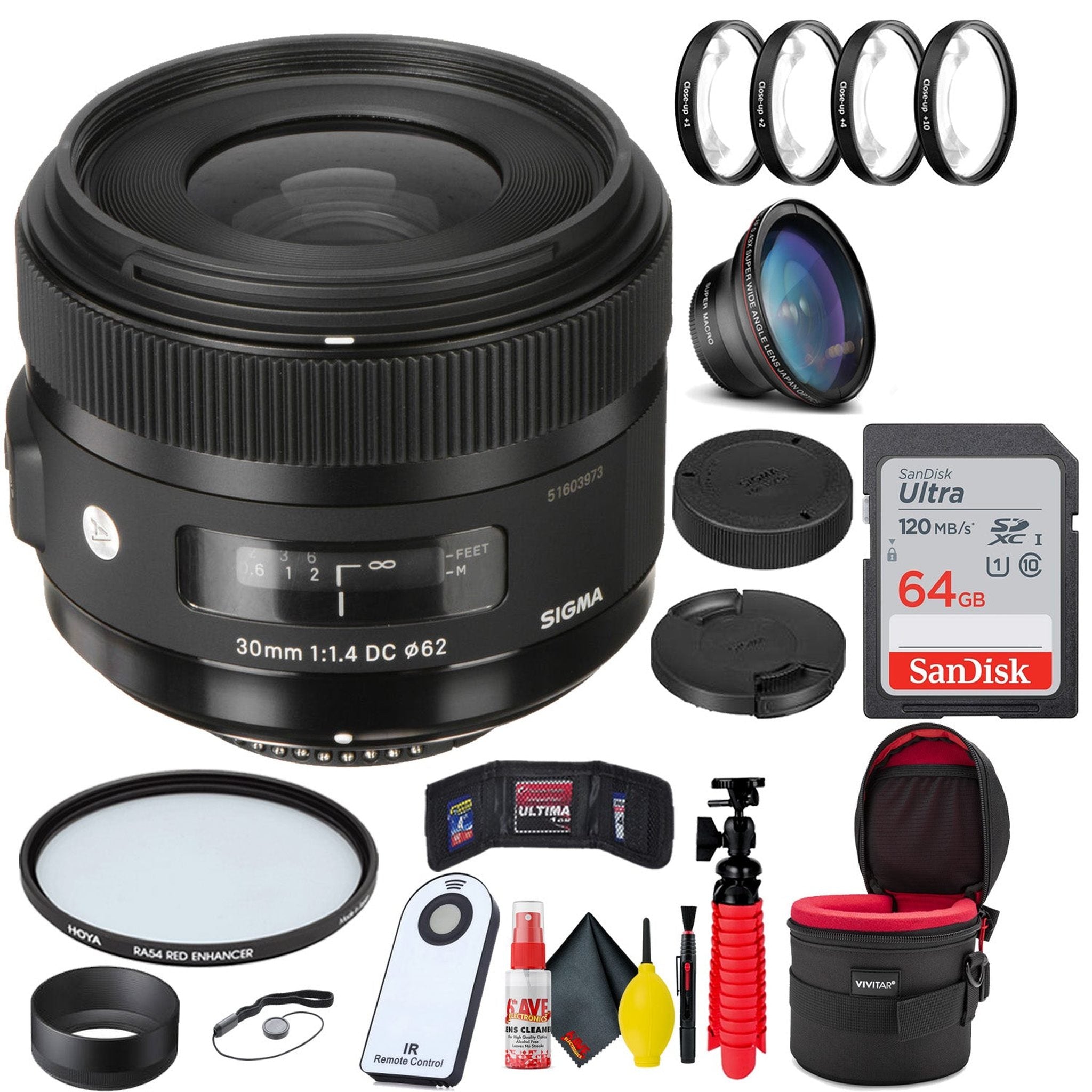 Sigma 30mm f/1.4 DC HSM Art Lens for Nikon F + 64GB SD Card Bundle