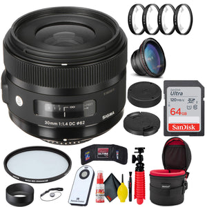 Sigma 30mm f/1.4 DC HSM Art Lens for Nikon F + 64GB SD Card Bundle