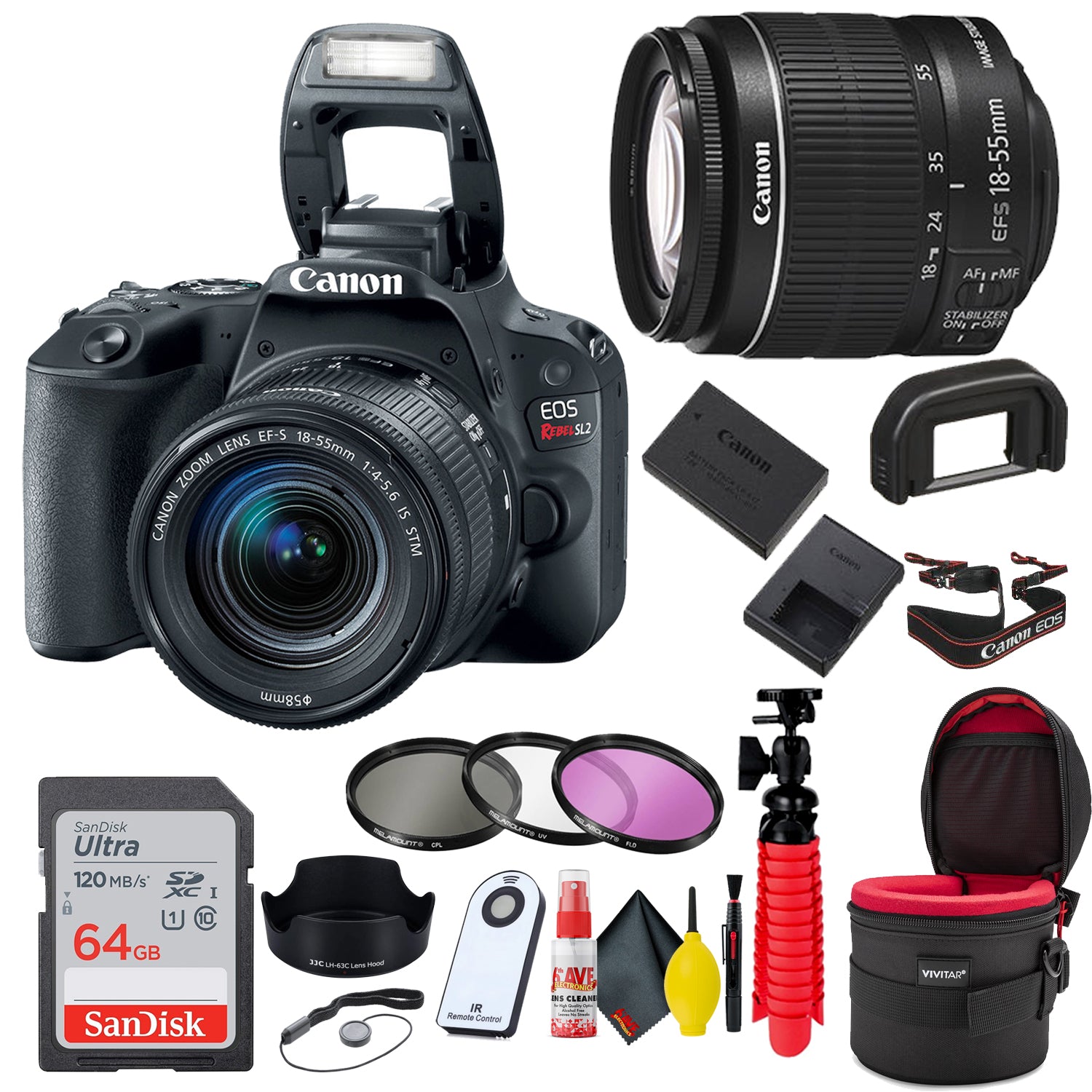 Canon EOS Rebel SL2 DSLR Camera with 18-55mm 1:4-5.6 IS STM Lens (Black) BUNDLE