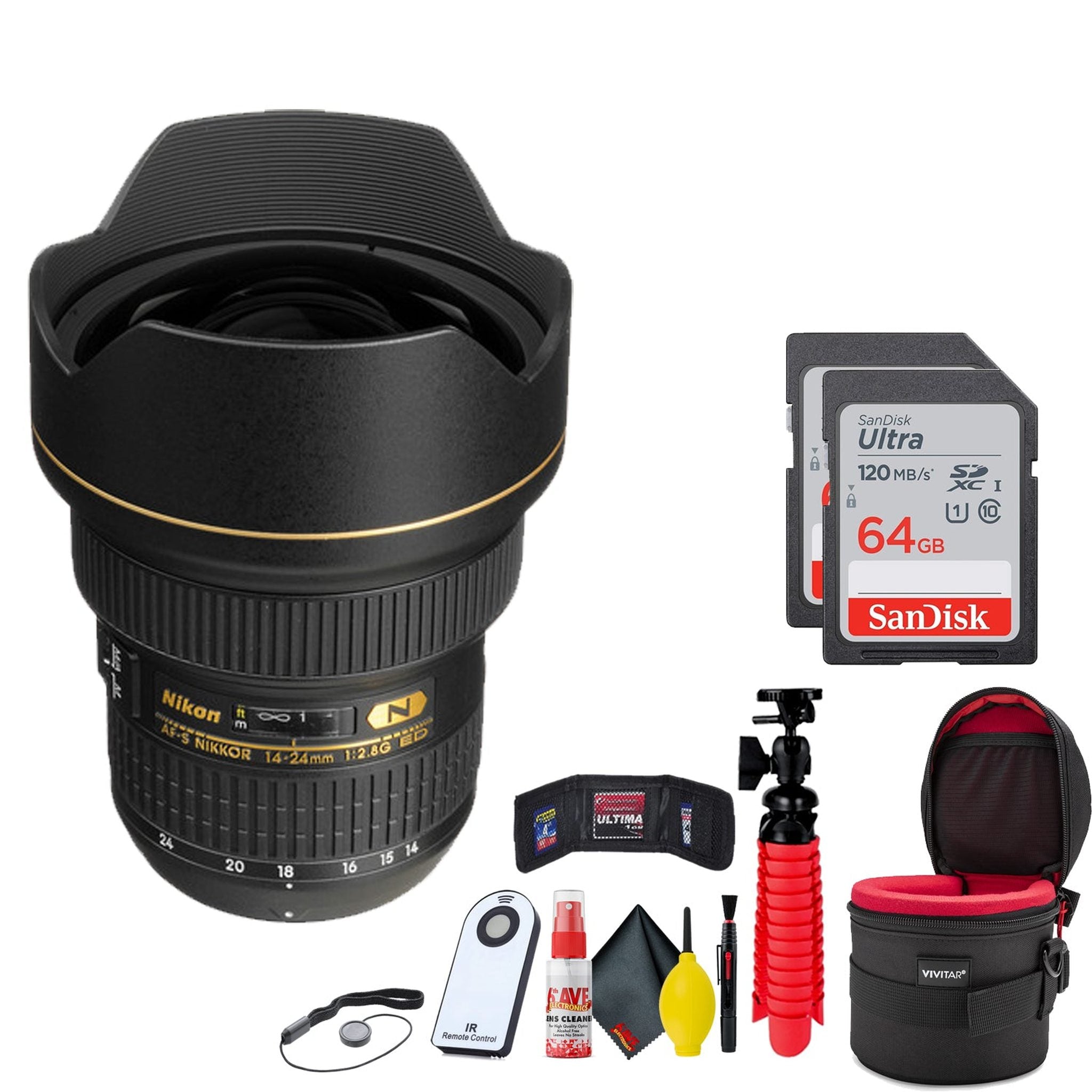 AF-S NIKKOR 14-24mm f/2.8G ED Lens Bundle INTL Model with 2 64GB SD Card