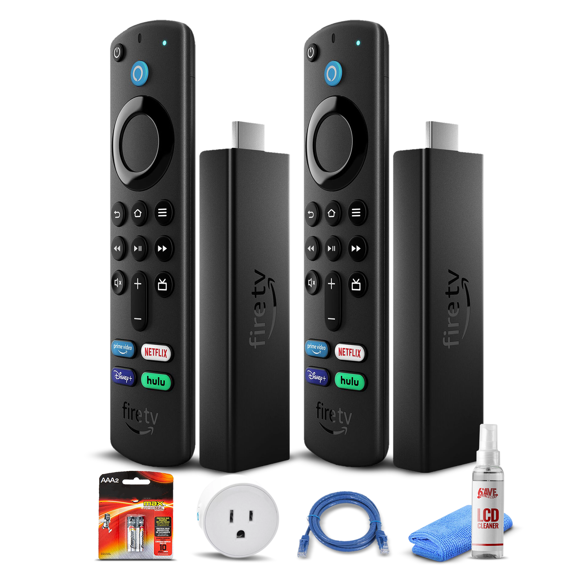 (2) Amazon Fire TV Stick 4K (2021) + Smart Plug + Cat5 Cable + Batteries