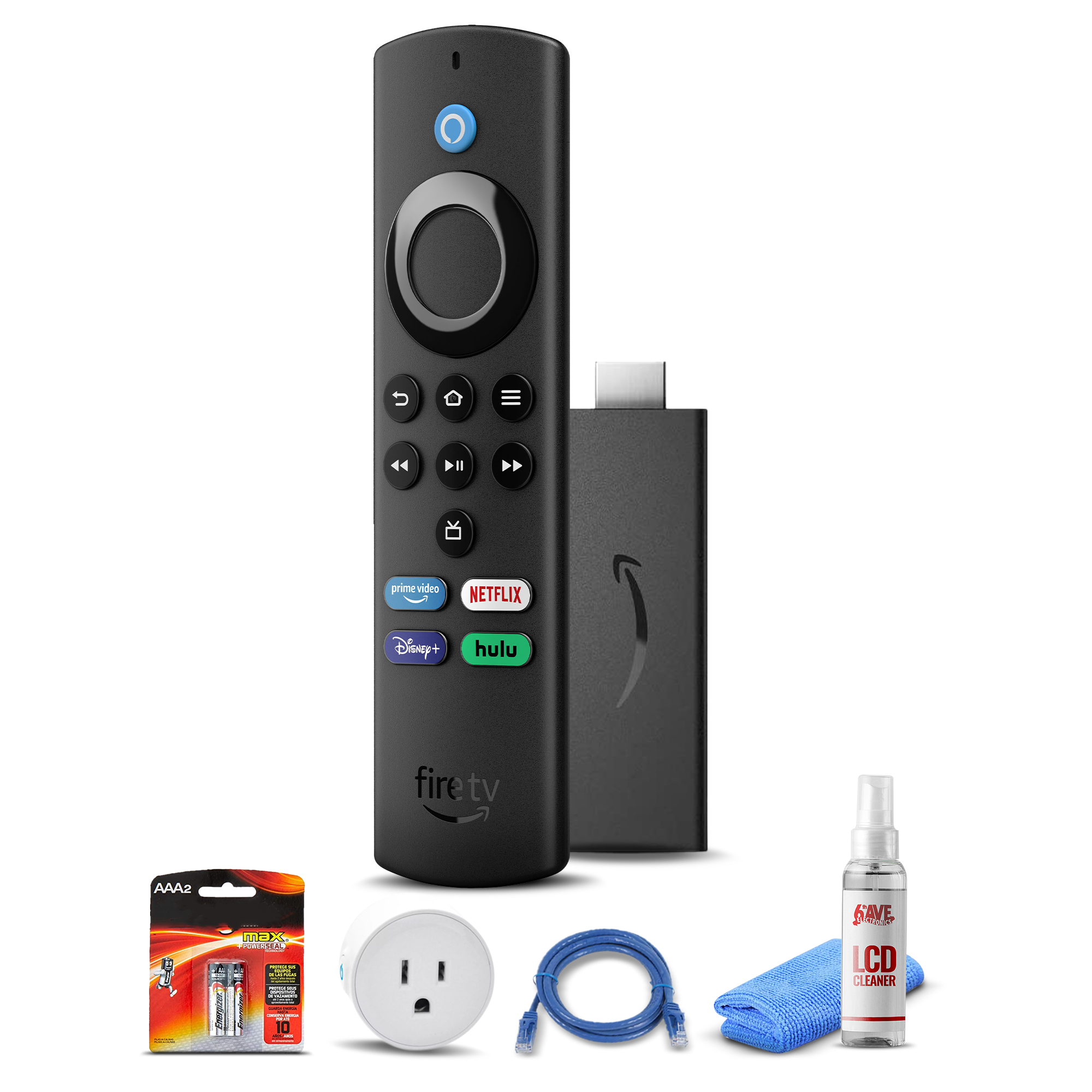 Amazon Fire TV Stick Lite (2021) + Smart Plug + Cat5 Cable + Batteries Bundle