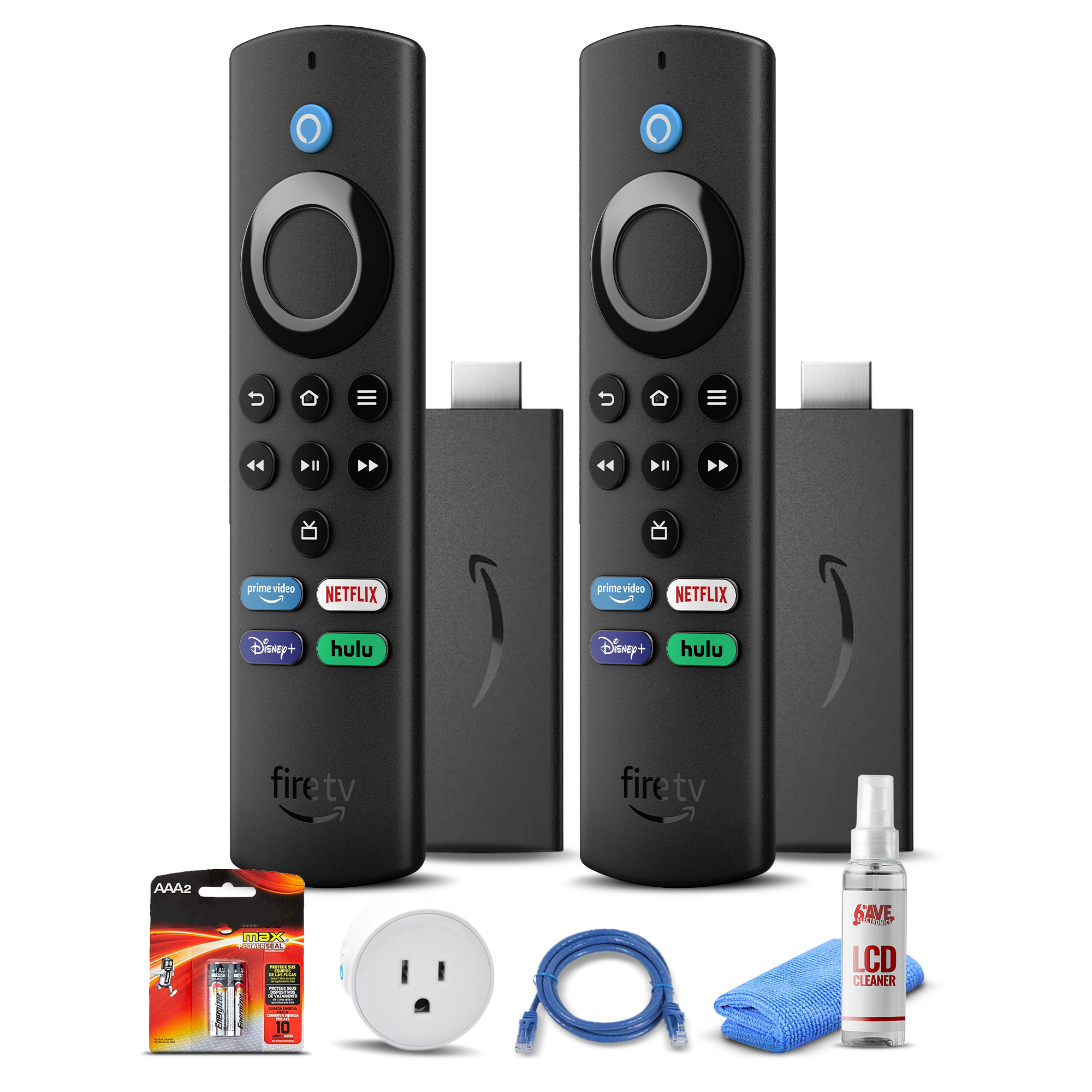 (2) Amazon Fire TV Stick Lite (2021) + Smart Plug + Cat5 Cable + Batteries Bundle