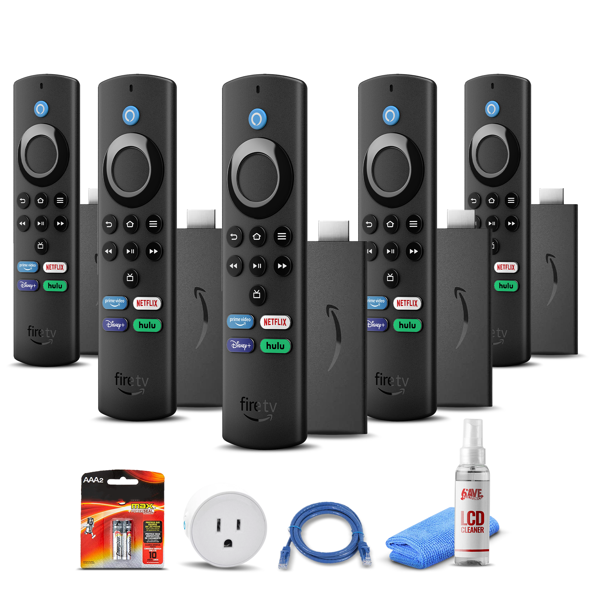 (5) Amazon Fire TV Stick Lite (2021) + Smart Plug + Cat5 Cable + Batteries Bundle
