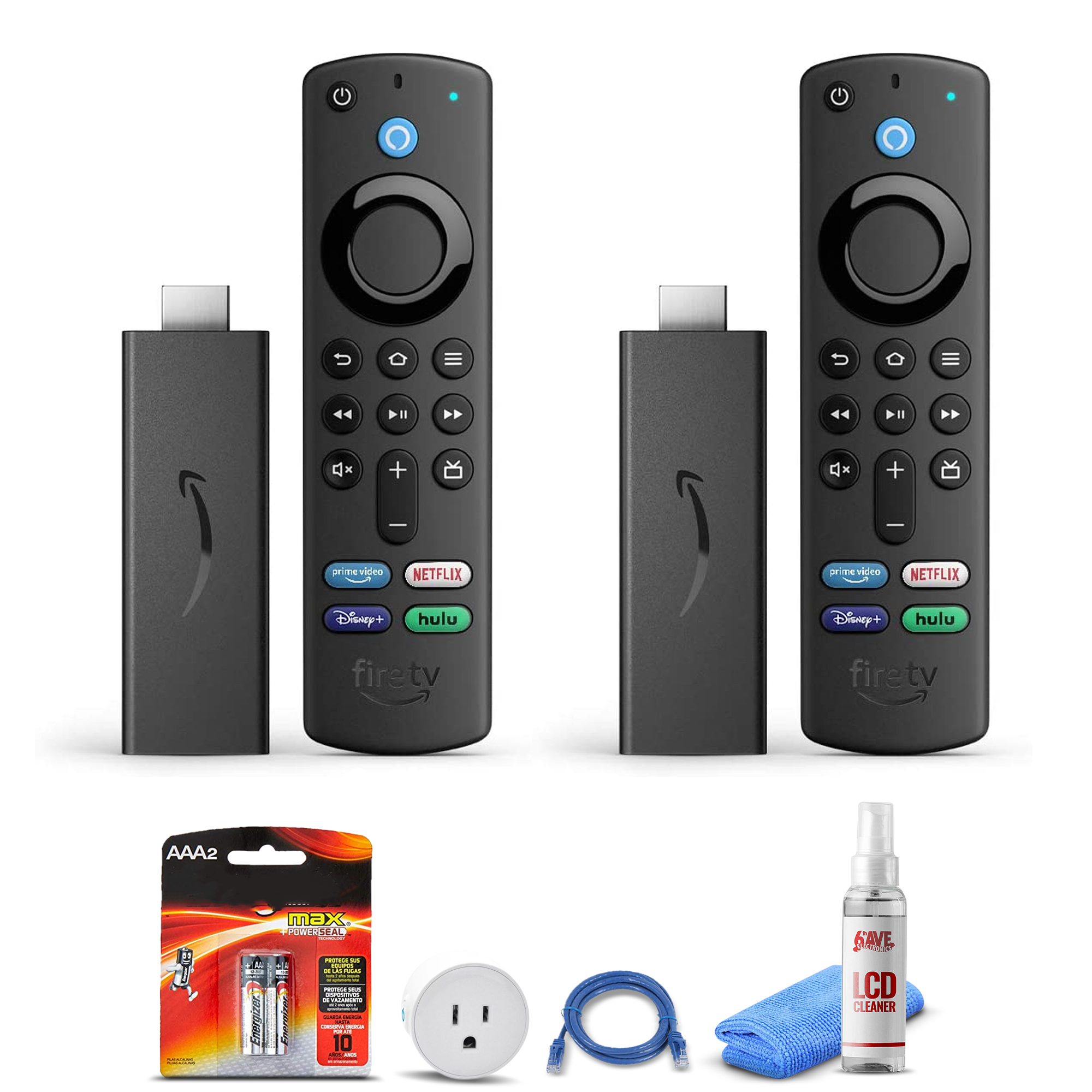 (2) Amazon Fire TV Stick (2021) + Smart Plug + Cat5 Cable + Batteries