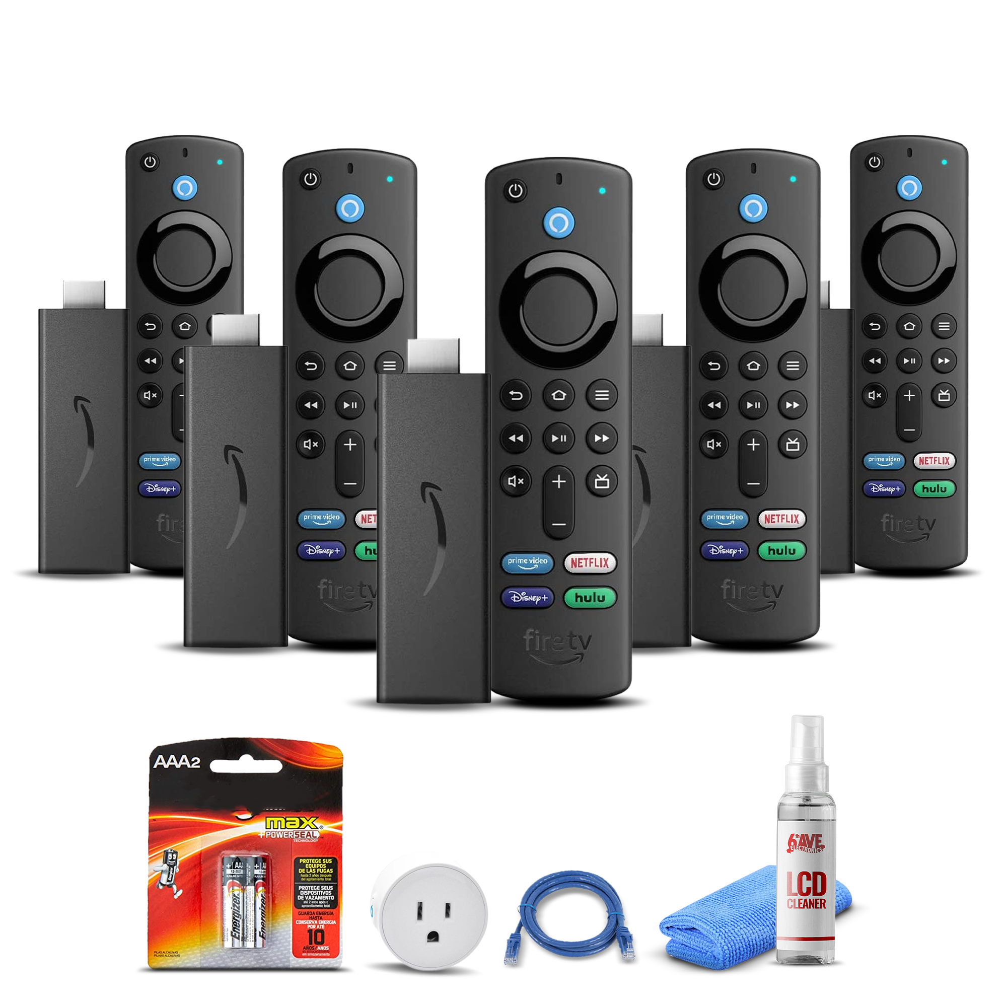(5) Amazon Fire TV Stick (2021) + Smart Plug + Cat5 Cable + Batteries
