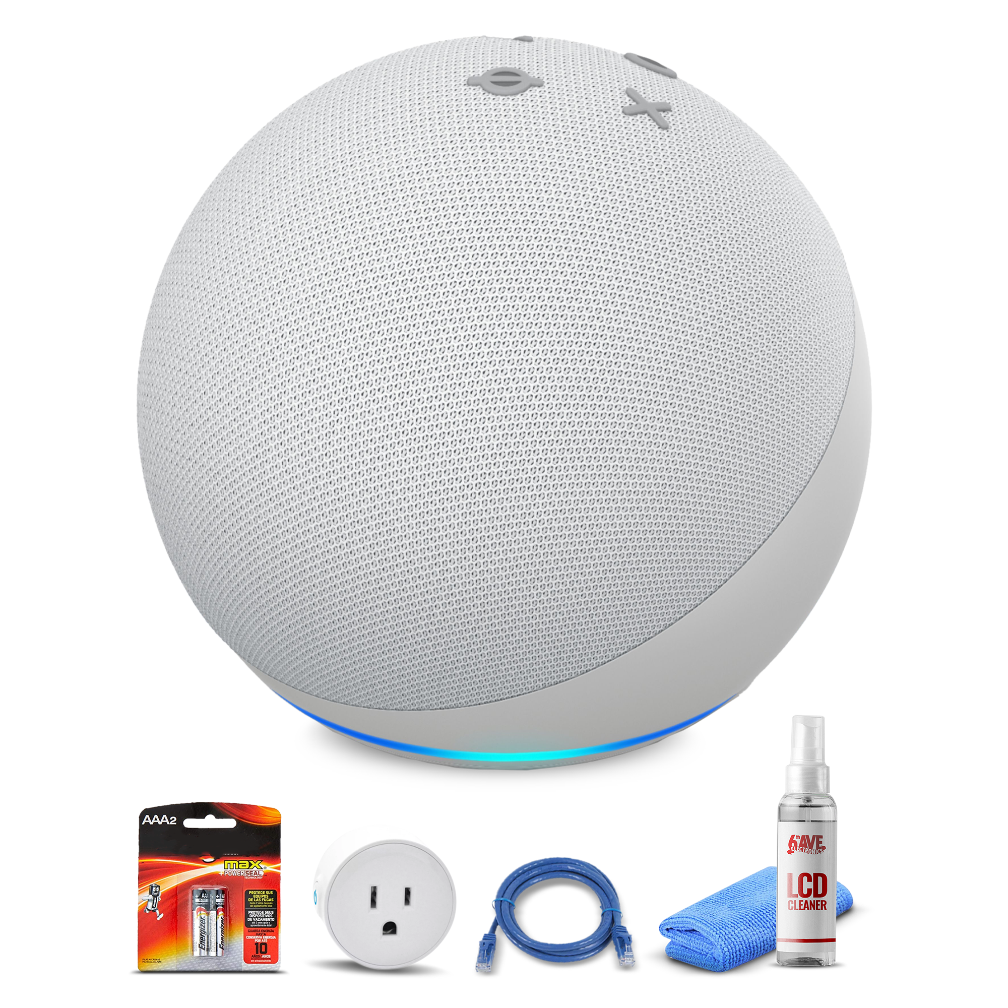 Amazon Echo Dot (4th, White) + Smart Plug + Cat5 Cable + Batteries Starter Bundle