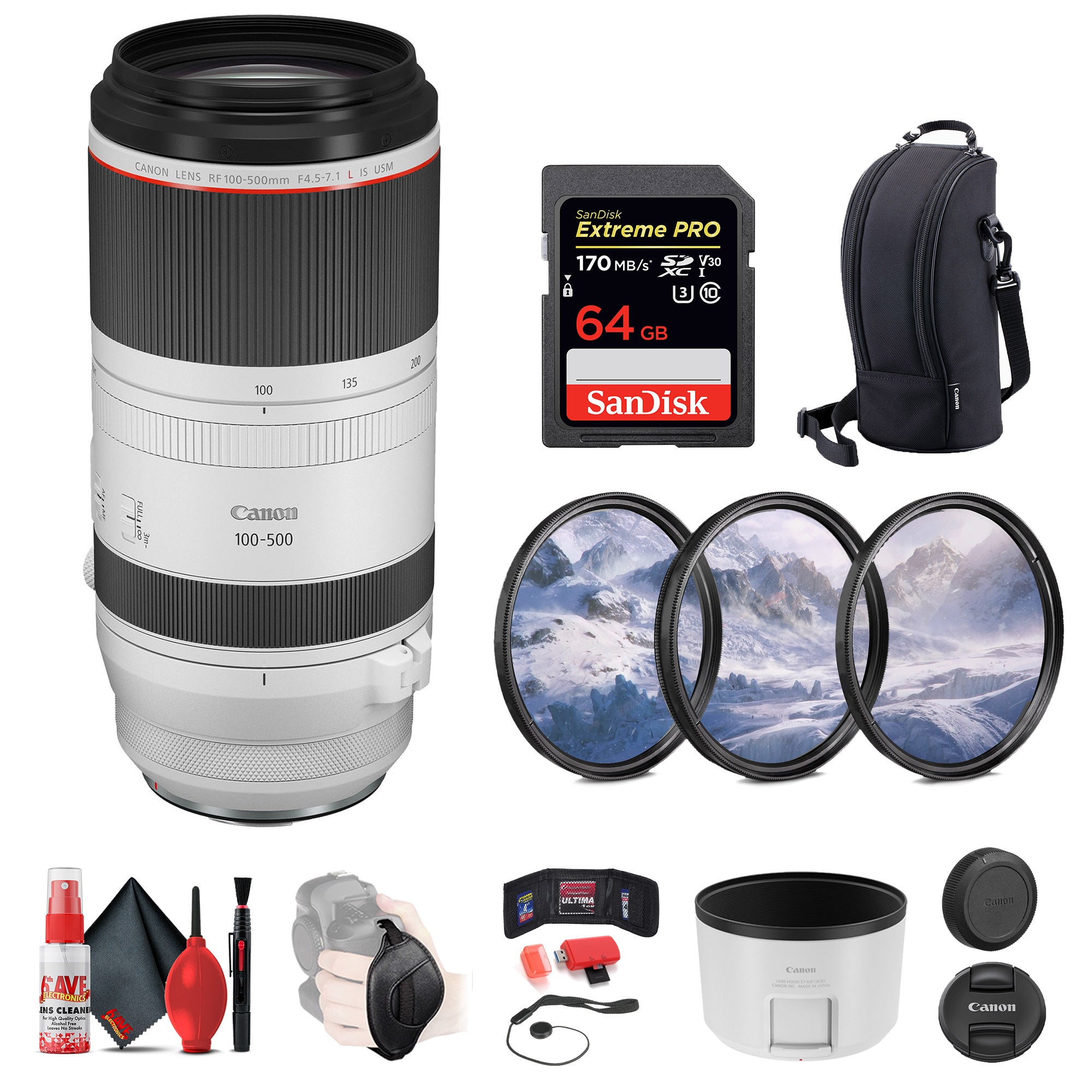 Canon RF 100-500mm f/4.5-7.1 L IS USM Lens + 64GB SD Card + More