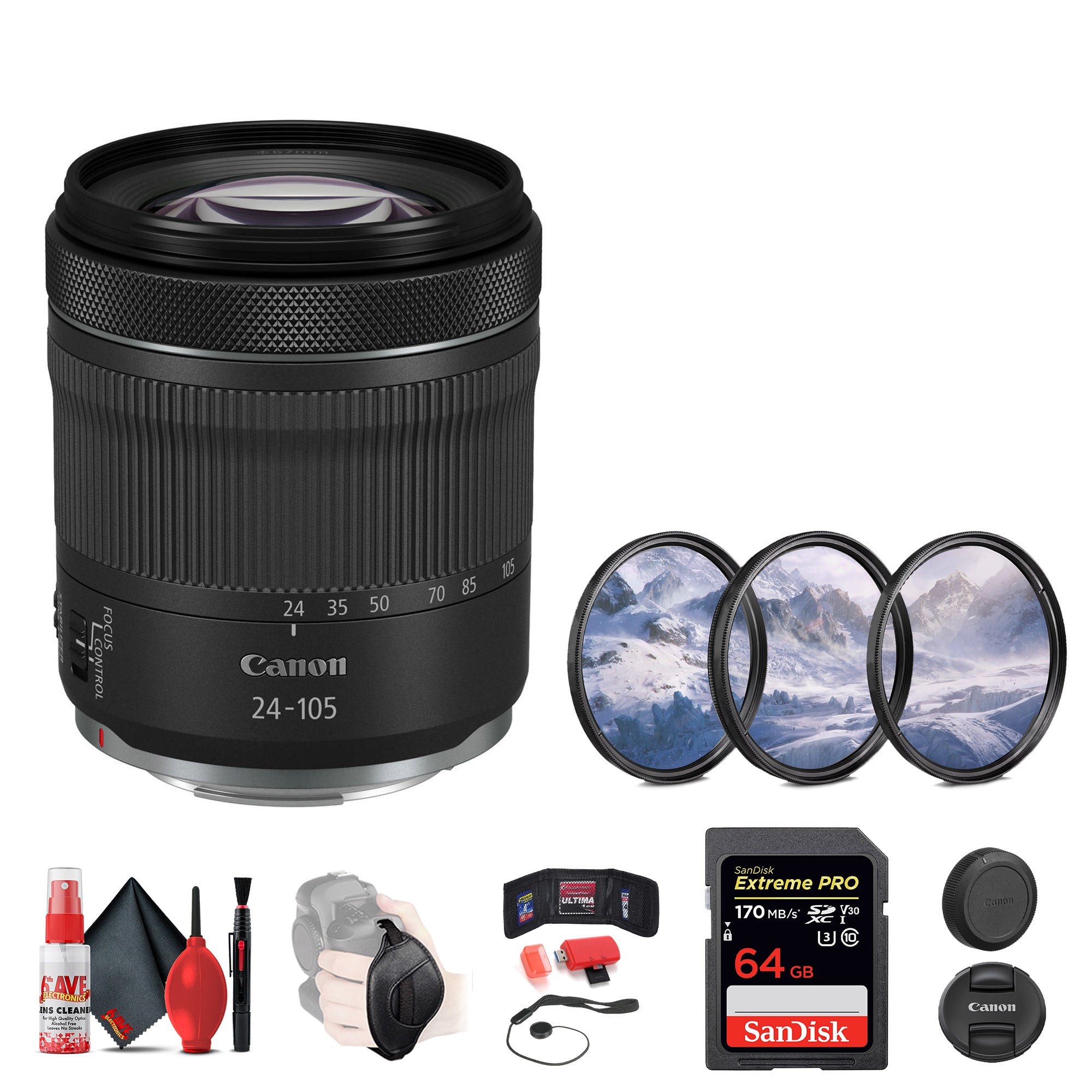 Canon RF 24-105mm f/4-7.1 IS STM Lens + 64GB SD Card + Camera Bag + More