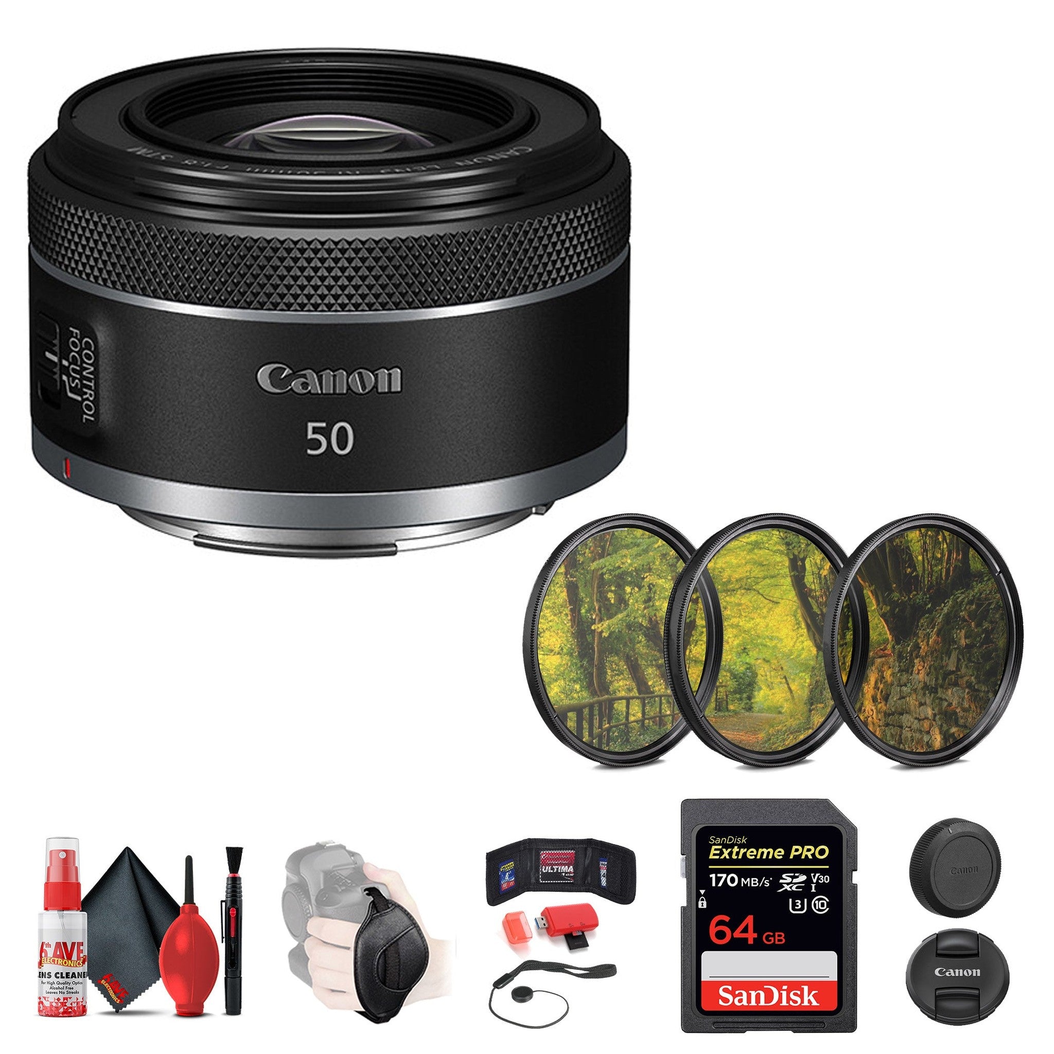 Canon RF 50mm f/1.8 STM Lens + 64GB SD Card + 3-Piece Filter Kit + More Canon