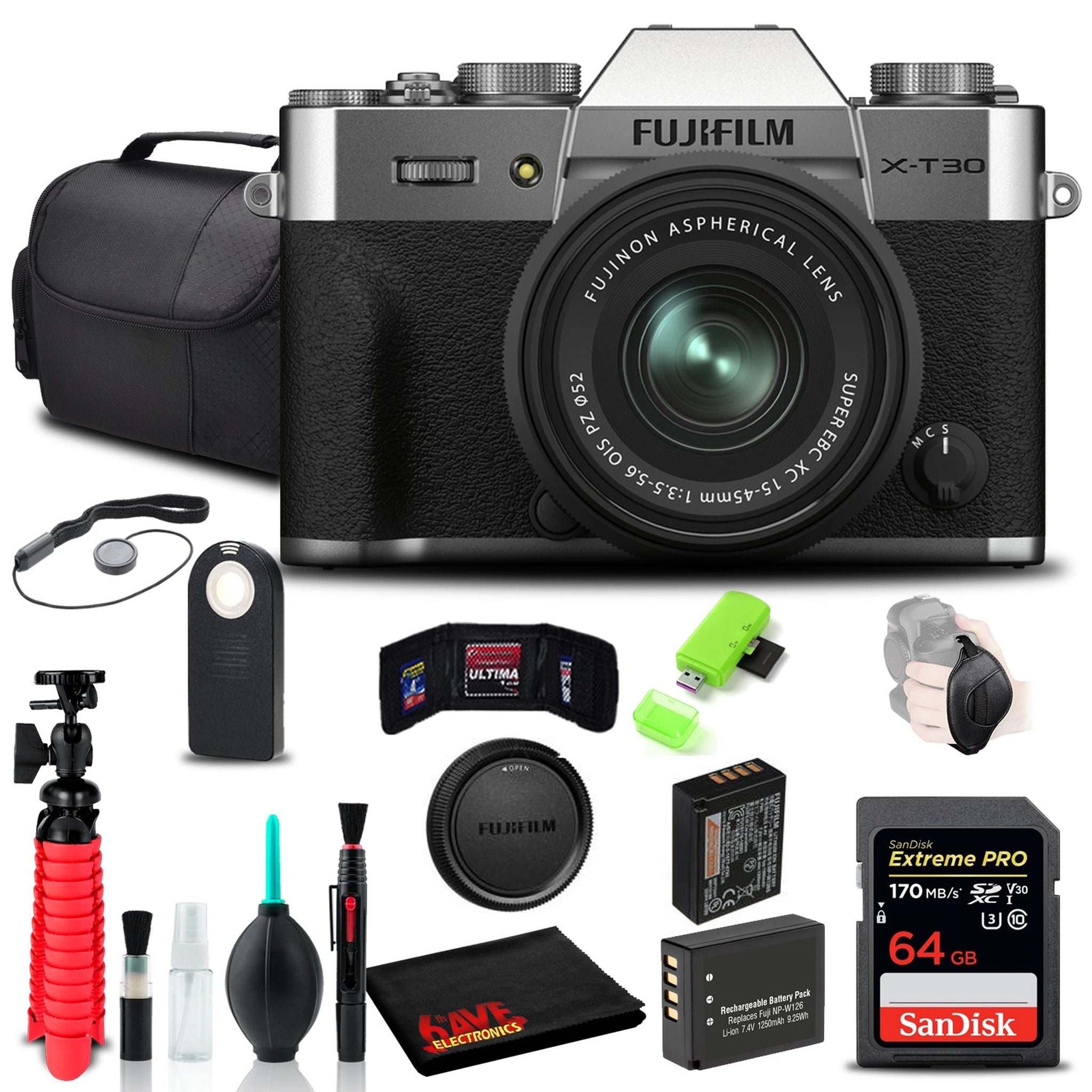 FUJIFILM X-T30 II Camera + 15-45mm Lens SR + 64GB SD Card + Extra Battery