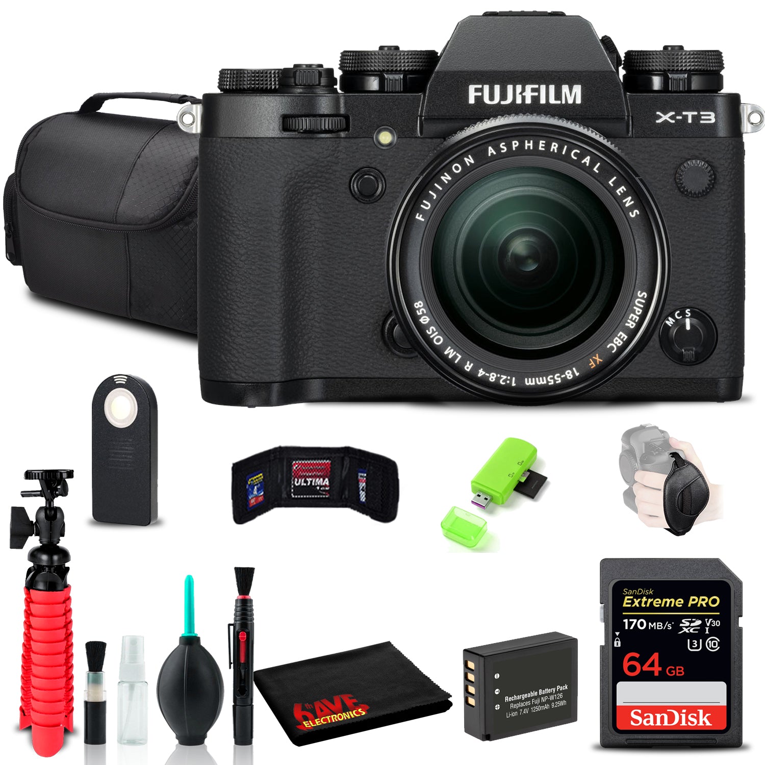 FUJIFILM X-T3 Camera + 18-55mm Lens (Black) + 64GB SD Card + Extra Battery