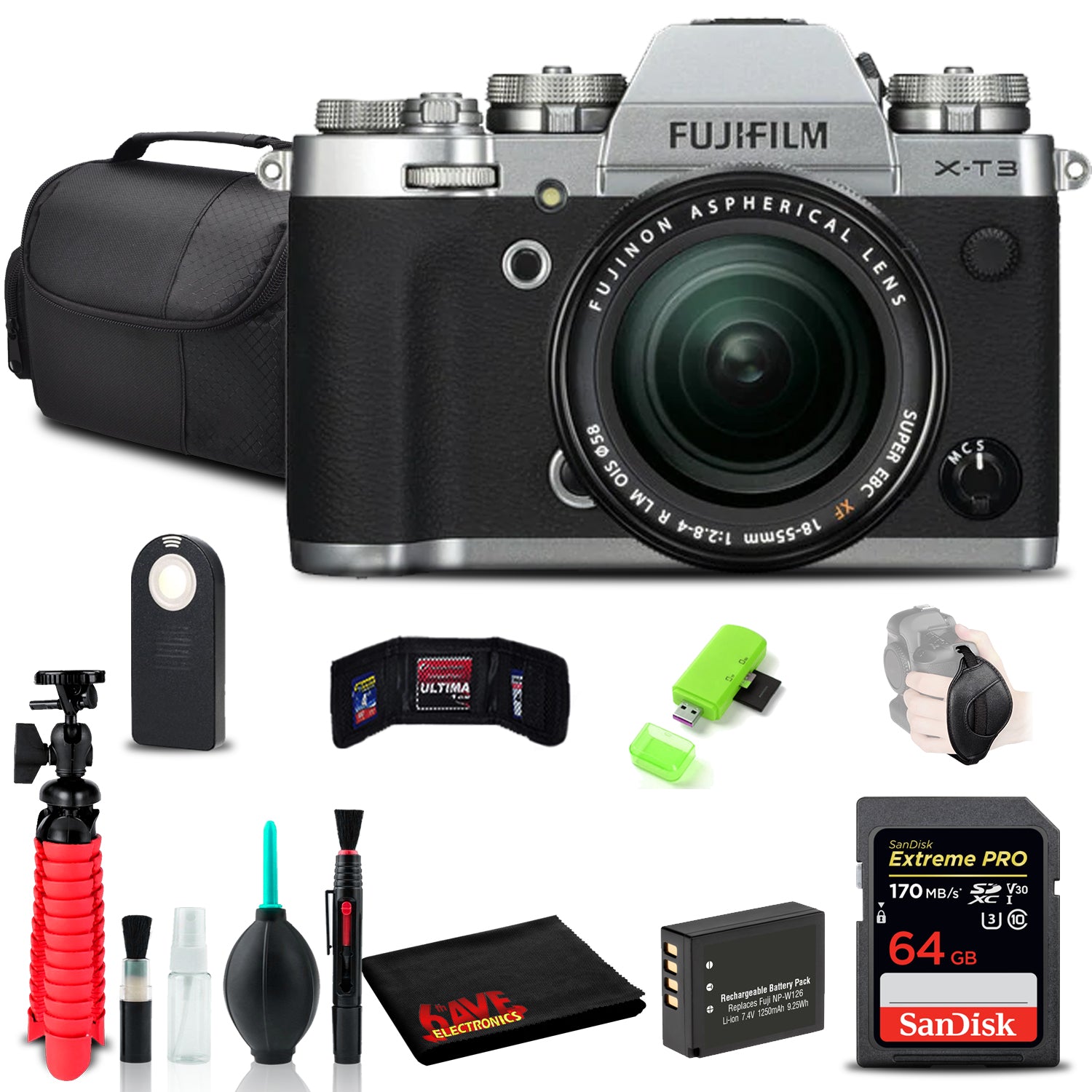 FUJIFILM X-T3 Camera + 18-55mm Lens (Silver) + 64GB SD Card + Extra Battery