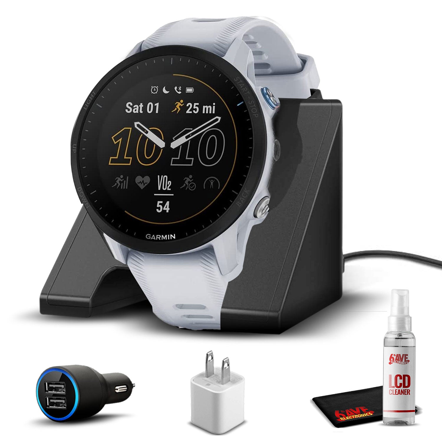 Garmin Forerunner 955 Smart Watch (White) w/Charging Base & 6Ave Accessory Kit