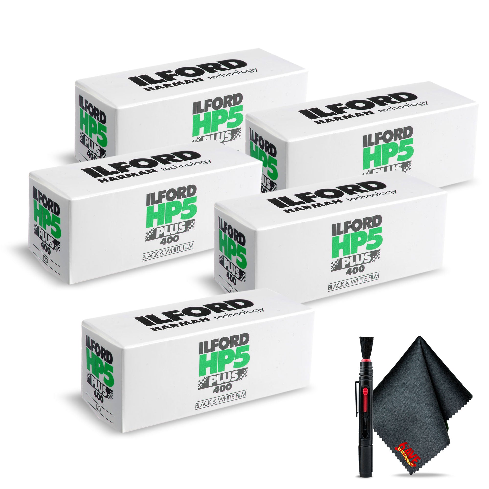 5 Ilford HP5 Plus B&W Negative Film ISO 400 120 Roll Film + Cleaning Kit