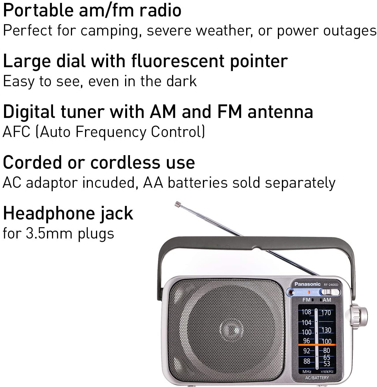 Panasonic Portable AM/FM Radio Silver + AA Batteries + Wired Headphones + Cloth Bundle