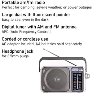 Portable AM / FM Radio Silver + 4x AA Batteries With Charger + Cloth Bundle 6th Ave Electronics