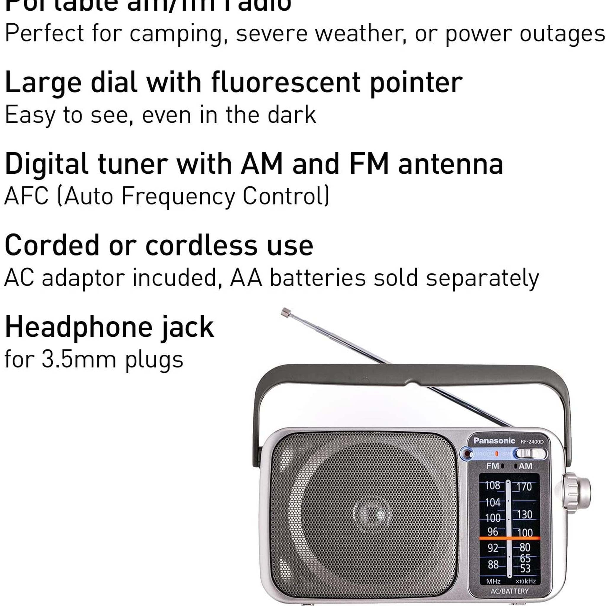 Portable AM/FM Radio Silver + AA Batteries + Wired Headphones + Cloth Bundle
